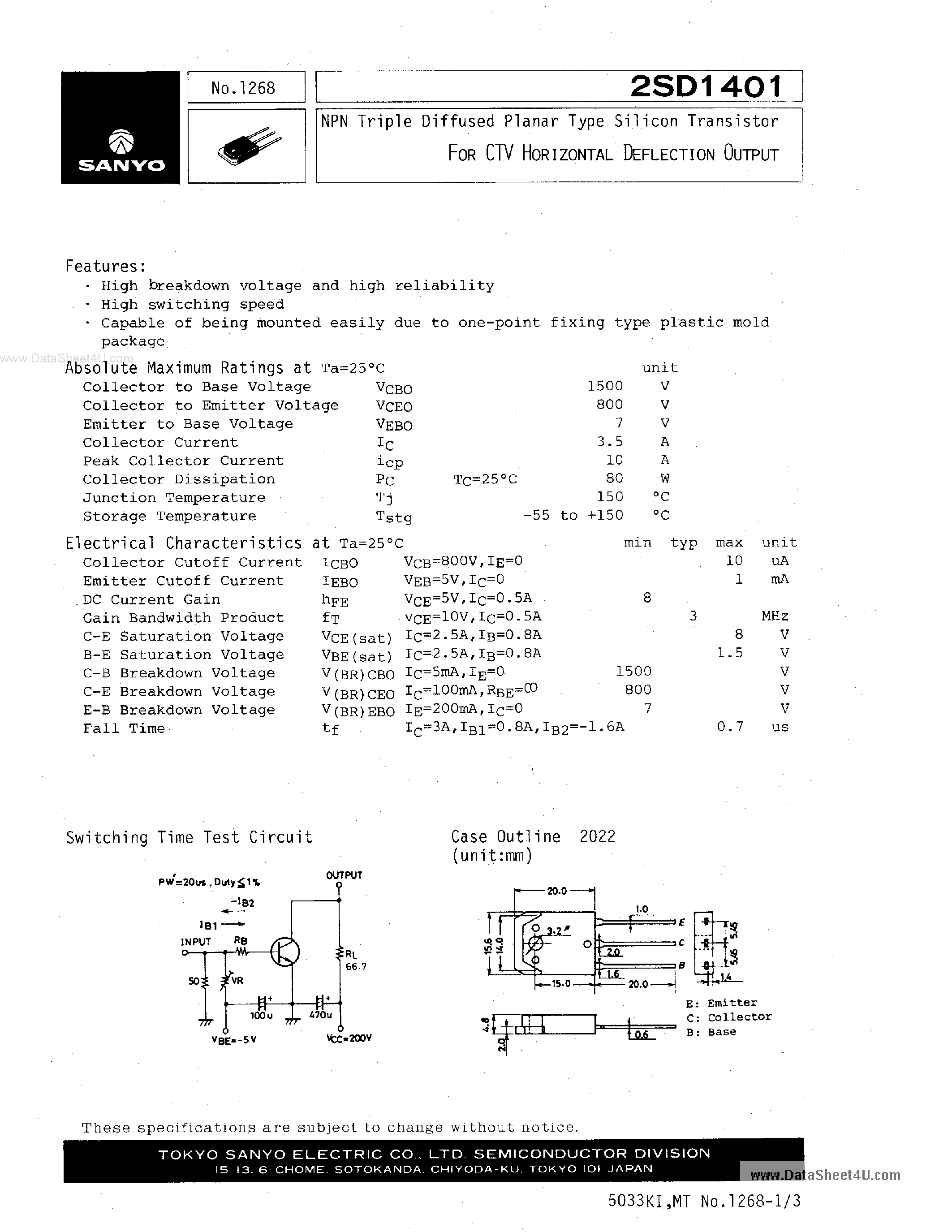 Datasheet 2SD1401 - NPN TRIPLE DIFFUSED PLANAR TYPE SILICON TRANSISTOR page 1