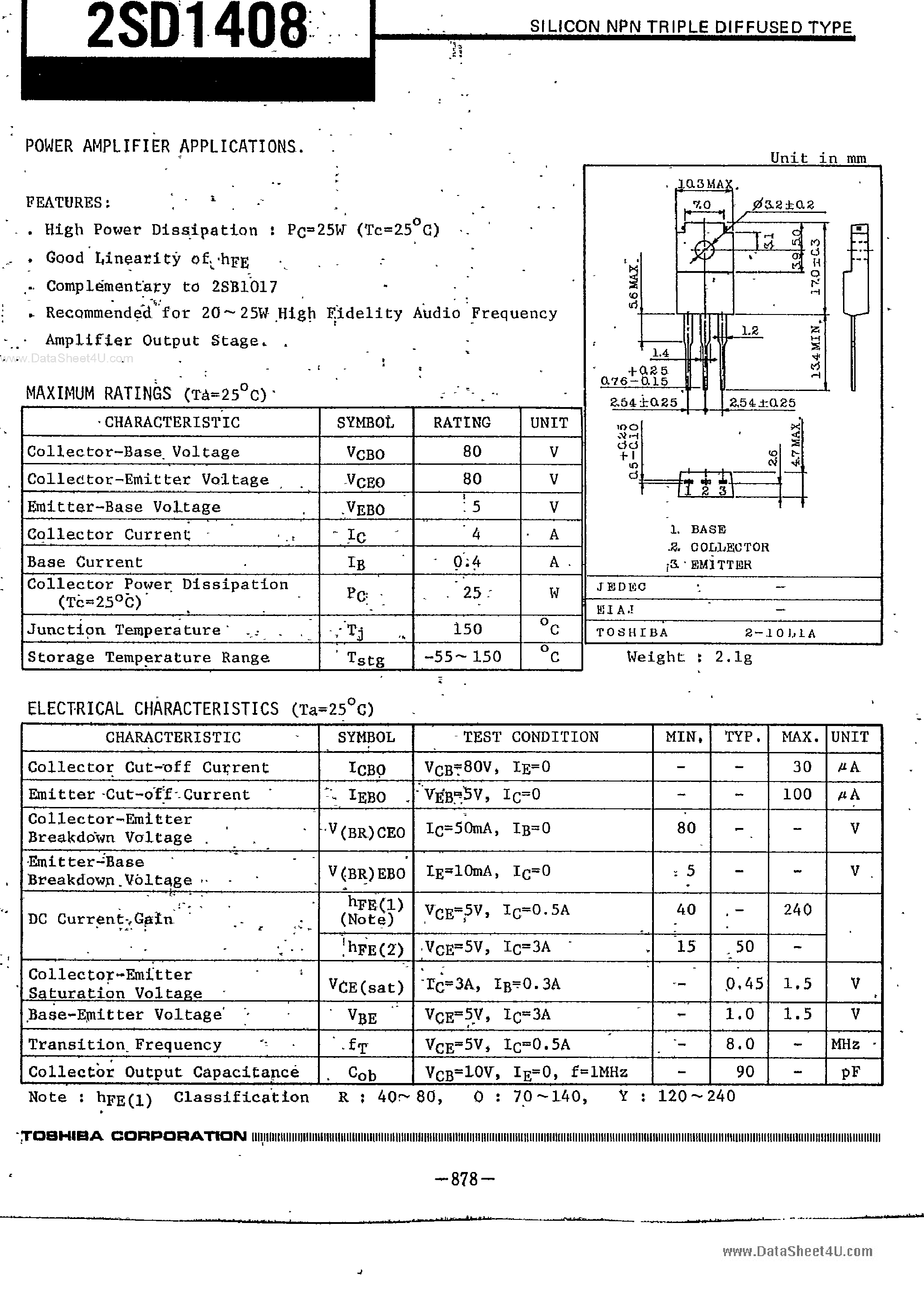 Datasheet 2SD1408 - SILICON NPN TRIPLE DIFFUSED TYPE page 1