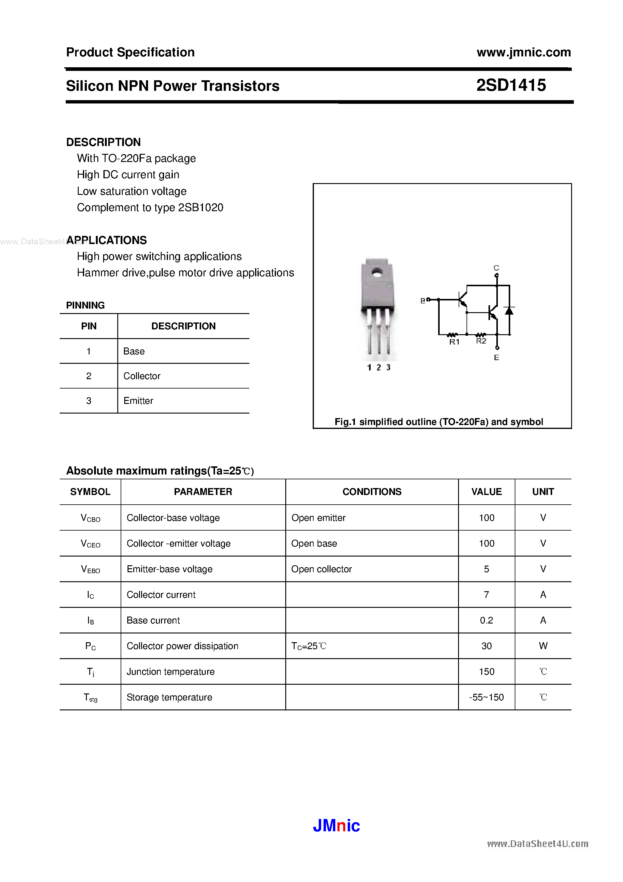 Datasheet 2SD1415 - Silicon NPN Power Transistors page 1