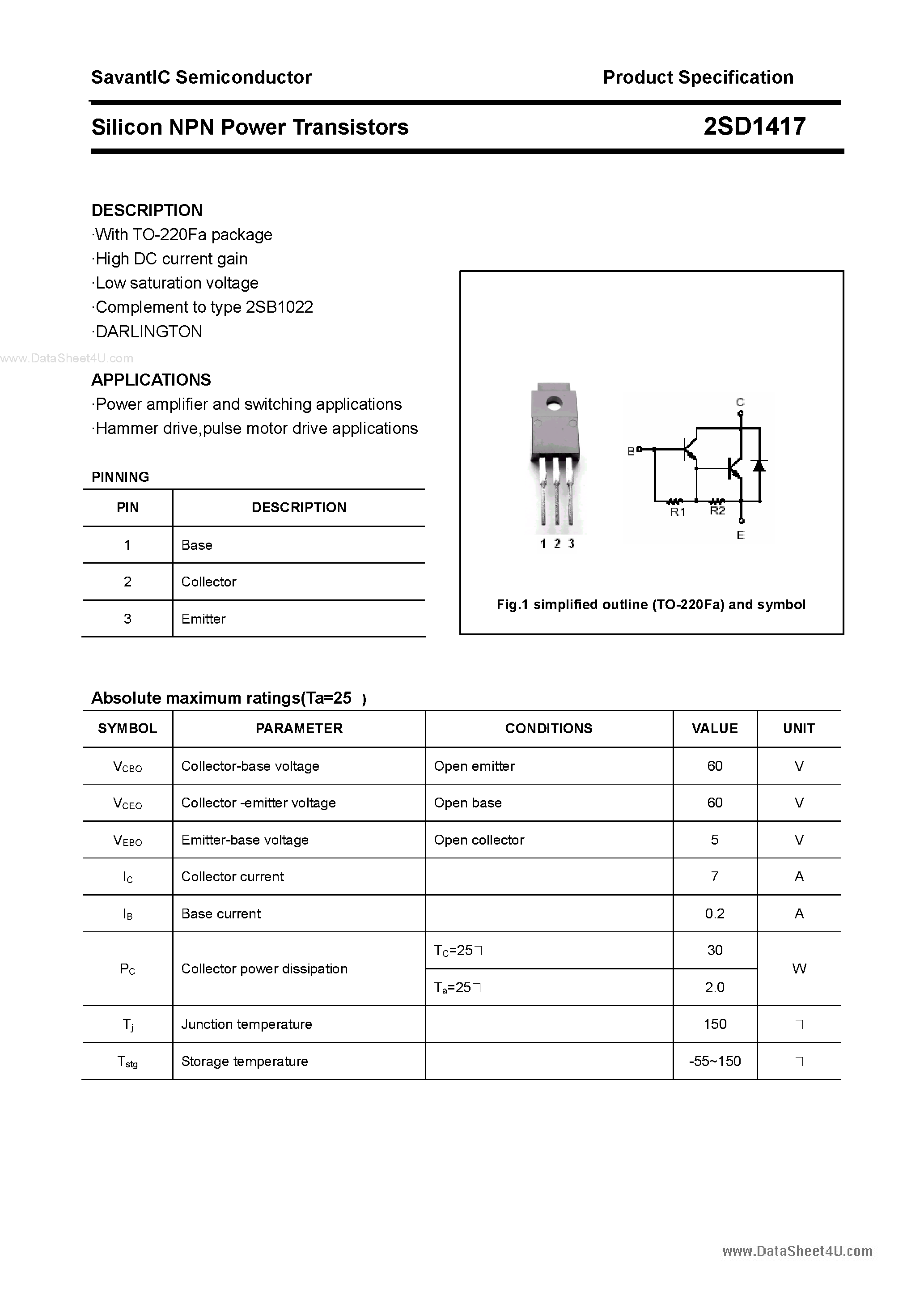 Datasheet 2SD1417 - Silicon NPN Power Transistors page 1