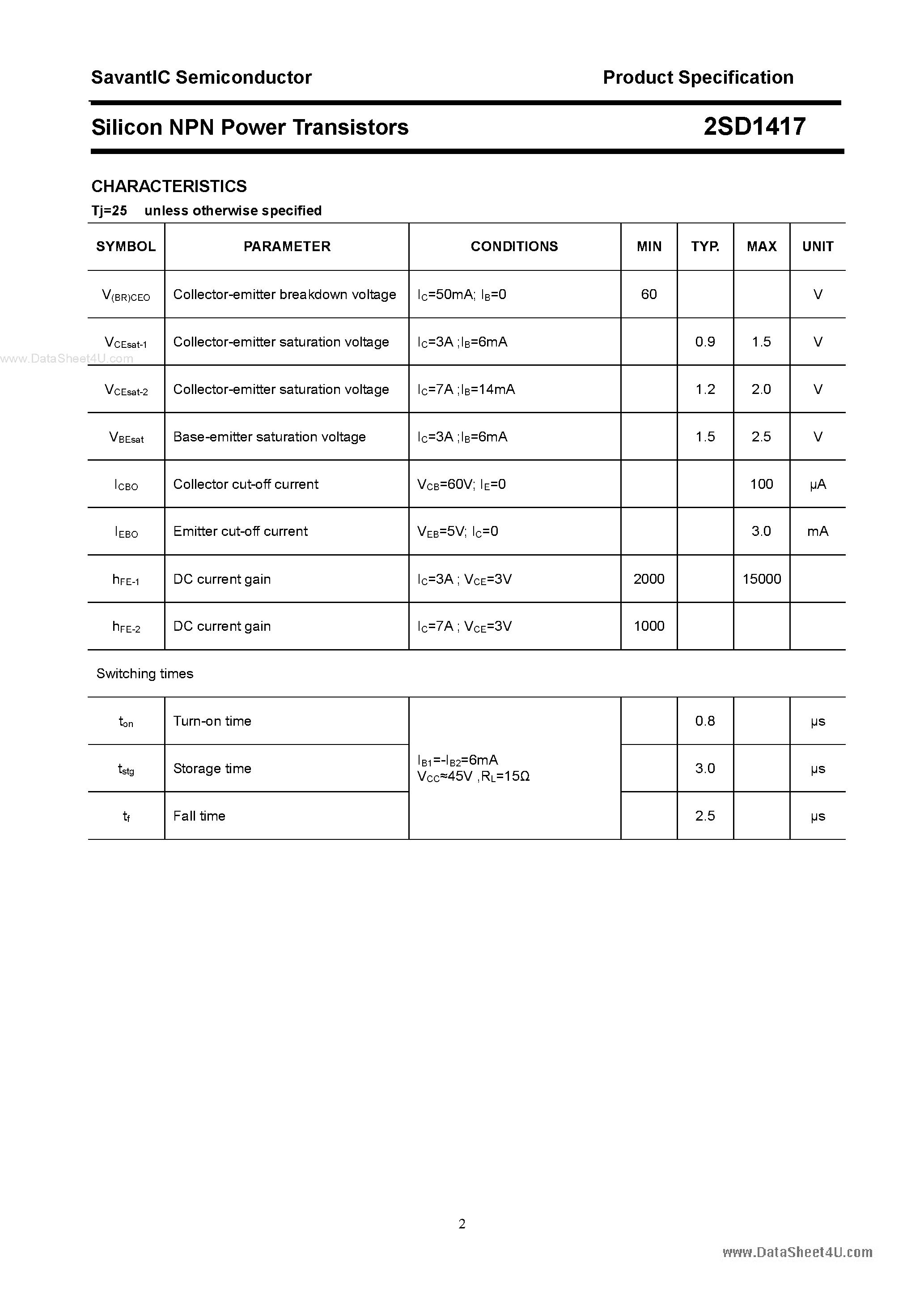 Datasheet 2SD1417 - Silicon NPN Power Transistors page 2