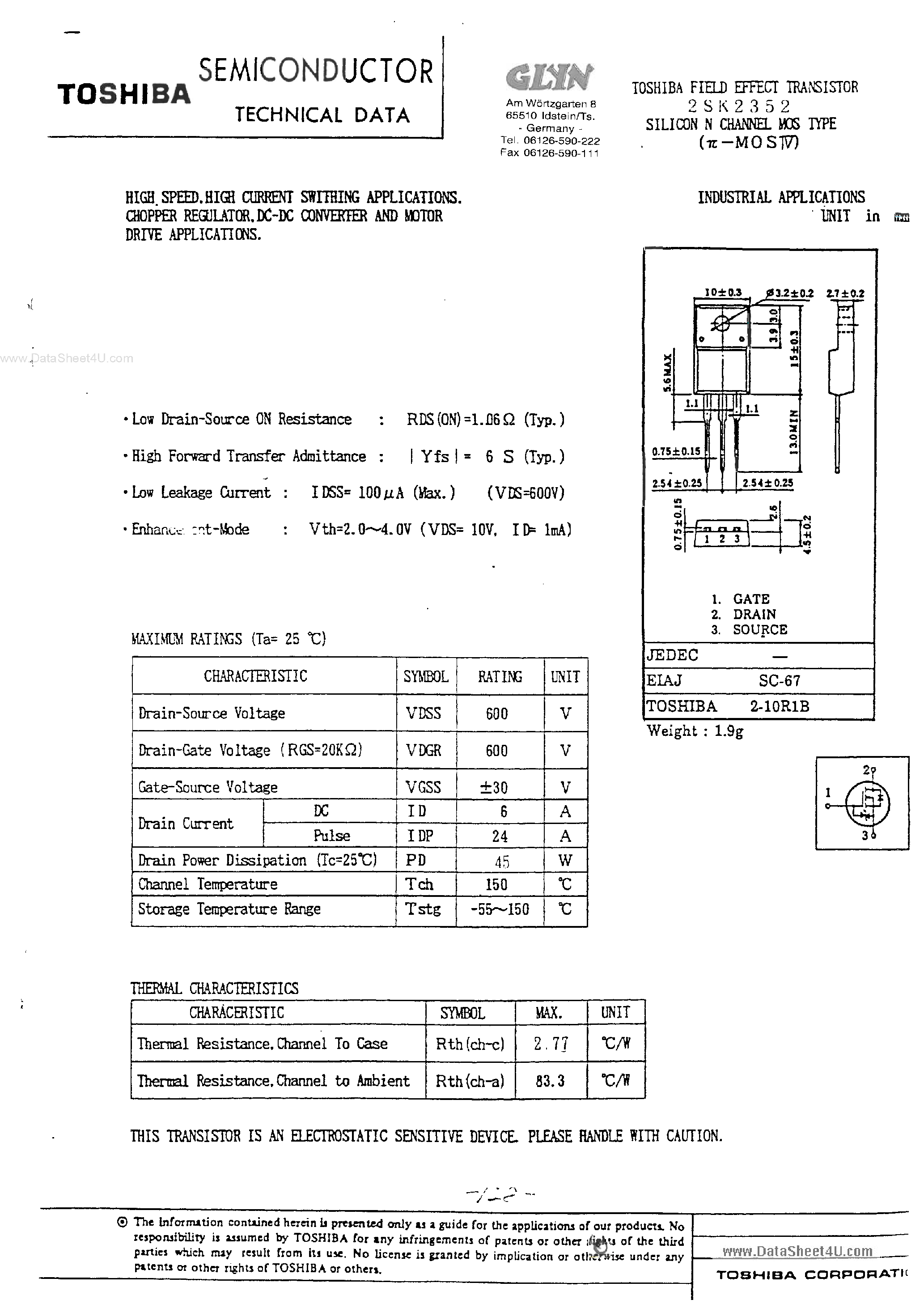 Даташит 2SK2352 - Silicon N-Channel MOS Type страница 1