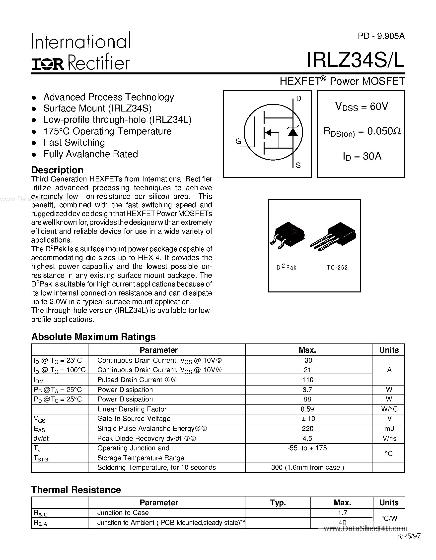 Datasheet IRLZ34L - HEXFET Power MOSFET page 1