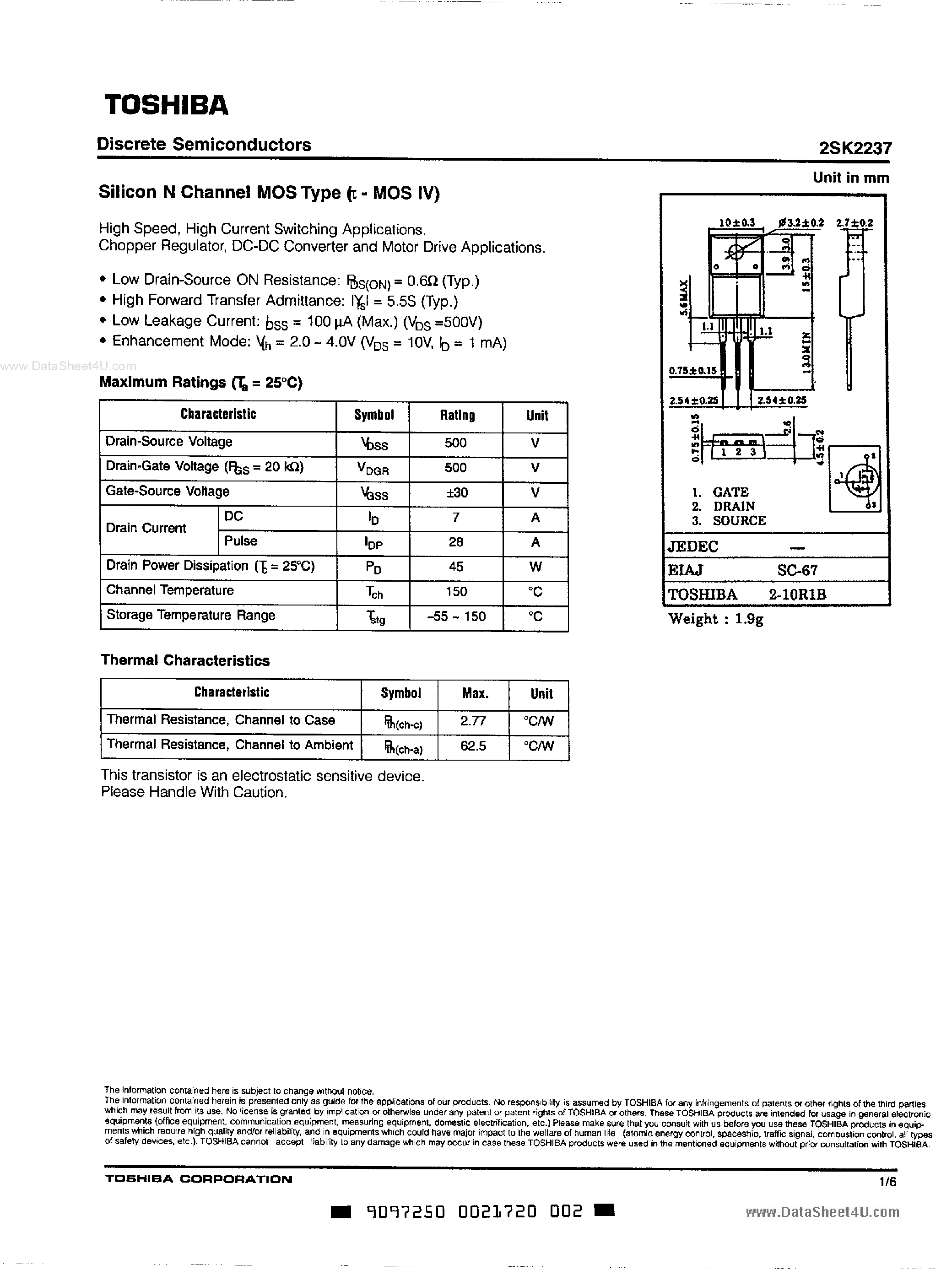 Даташит 2SK2237 - SILICON N CHANNEL MOS TYPE страница 1