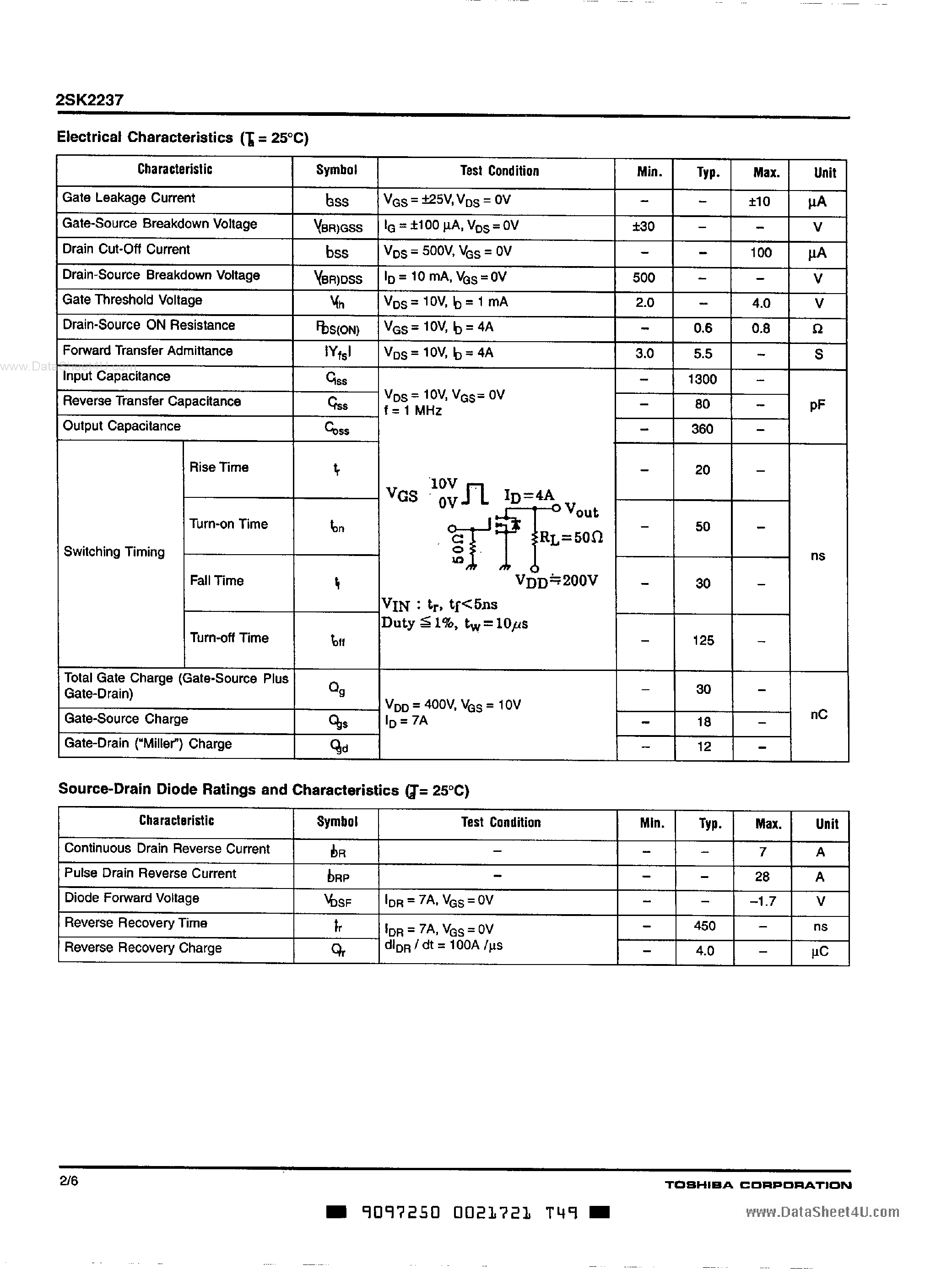 Даташит 2SK2237 - SILICON N CHANNEL MOS TYPE страница 2