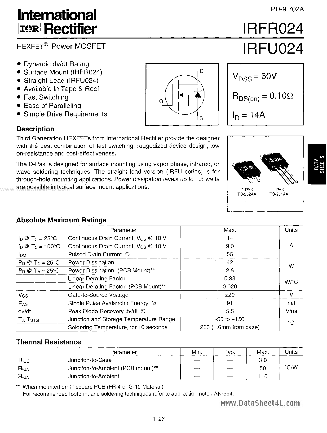 Datasheet IRFR024 page 1 Datasheet IRFR024 - HEXFET POWER MOSFET page 1
