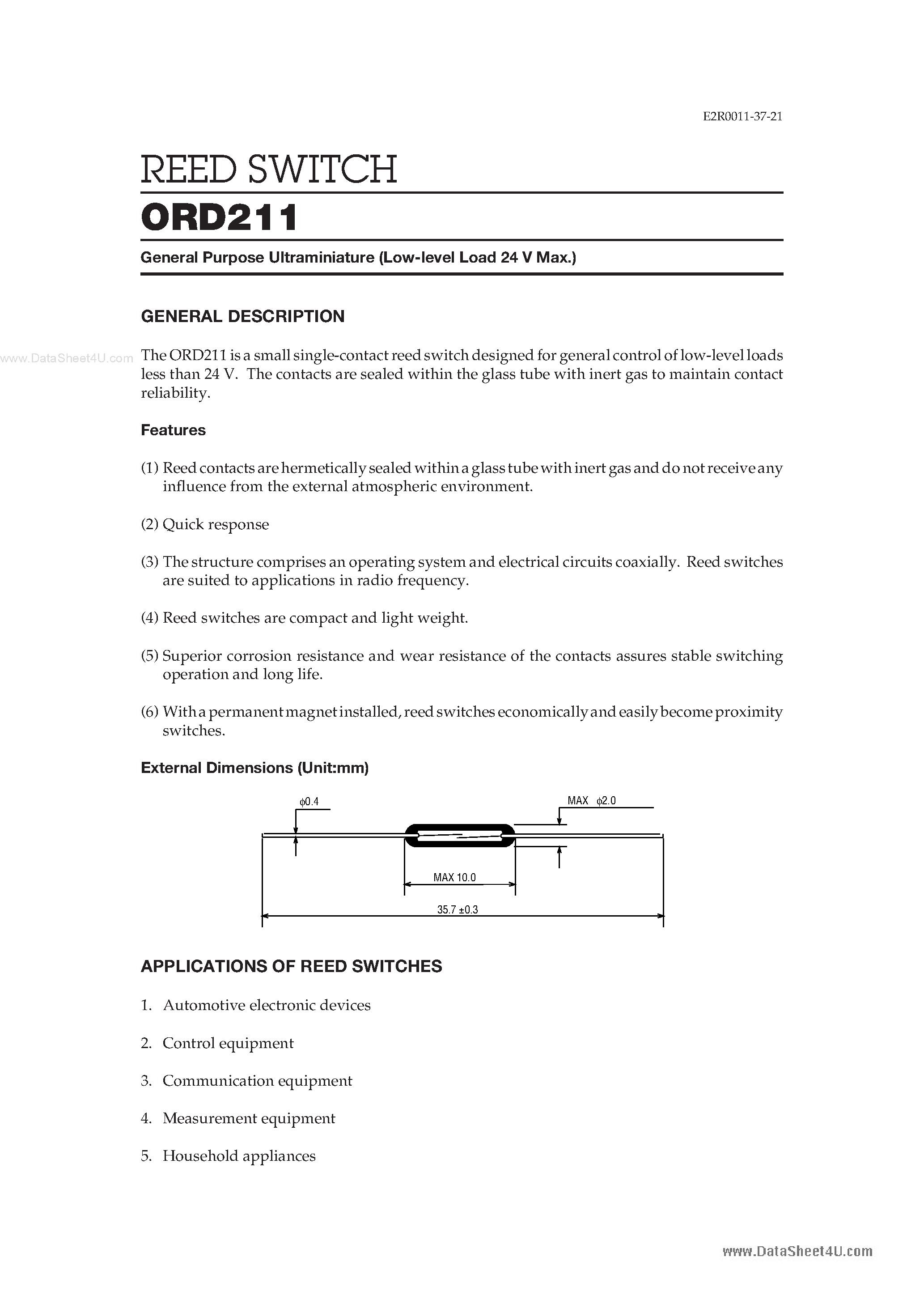 Datasheet ORD211 page 1 Datasheet ORD211 - REED SWITCH page 1