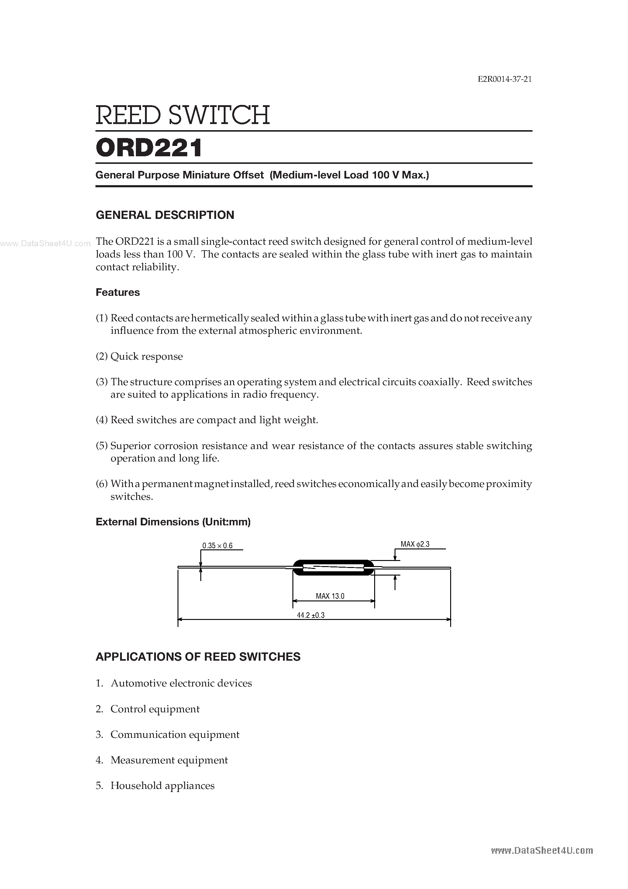Datasheet ORD221 page 1 Datasheet ORD221 - REED SWITCH page 1