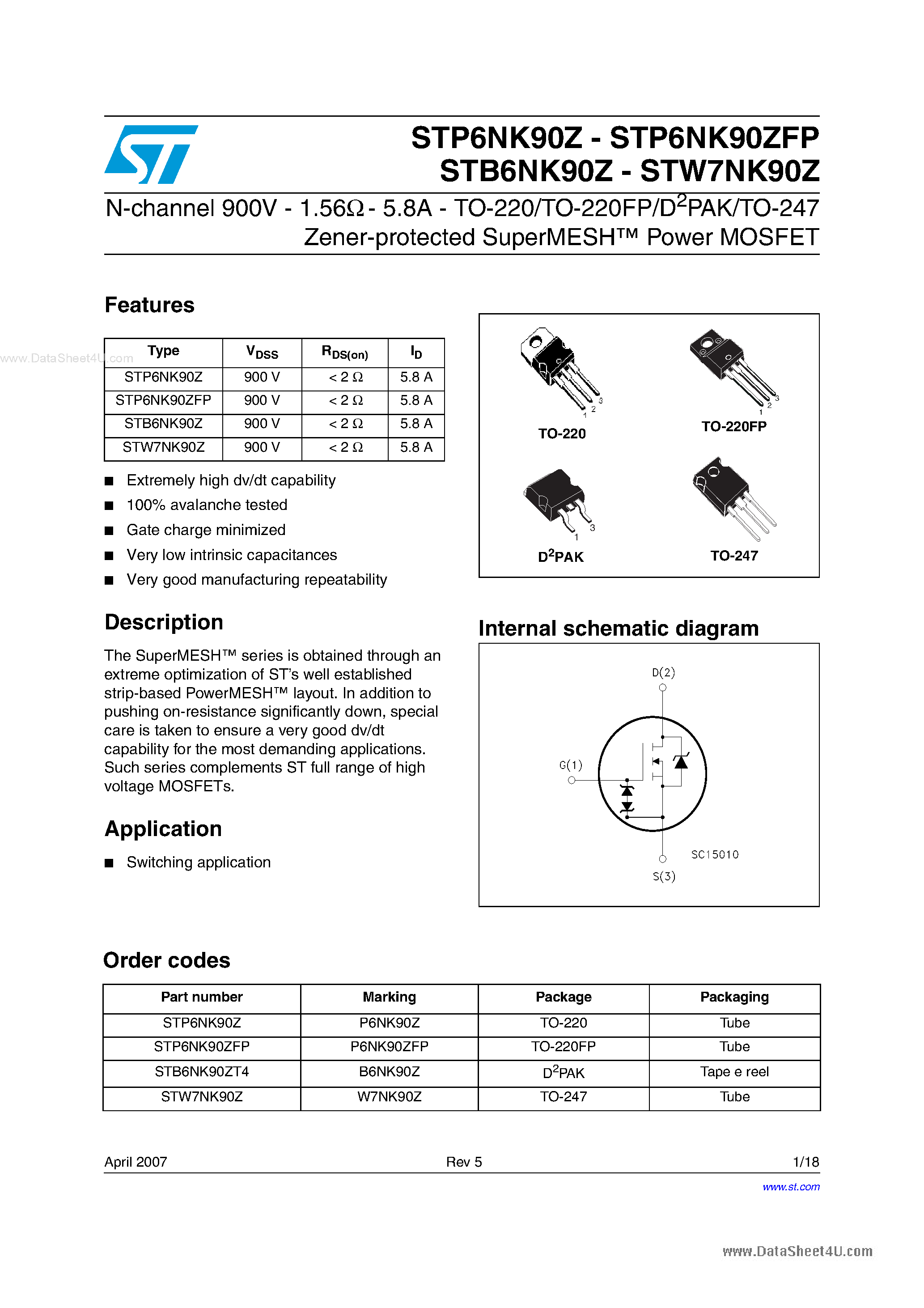 Datasheet STB6NK90Z - N-channel Power MOSFET page 1