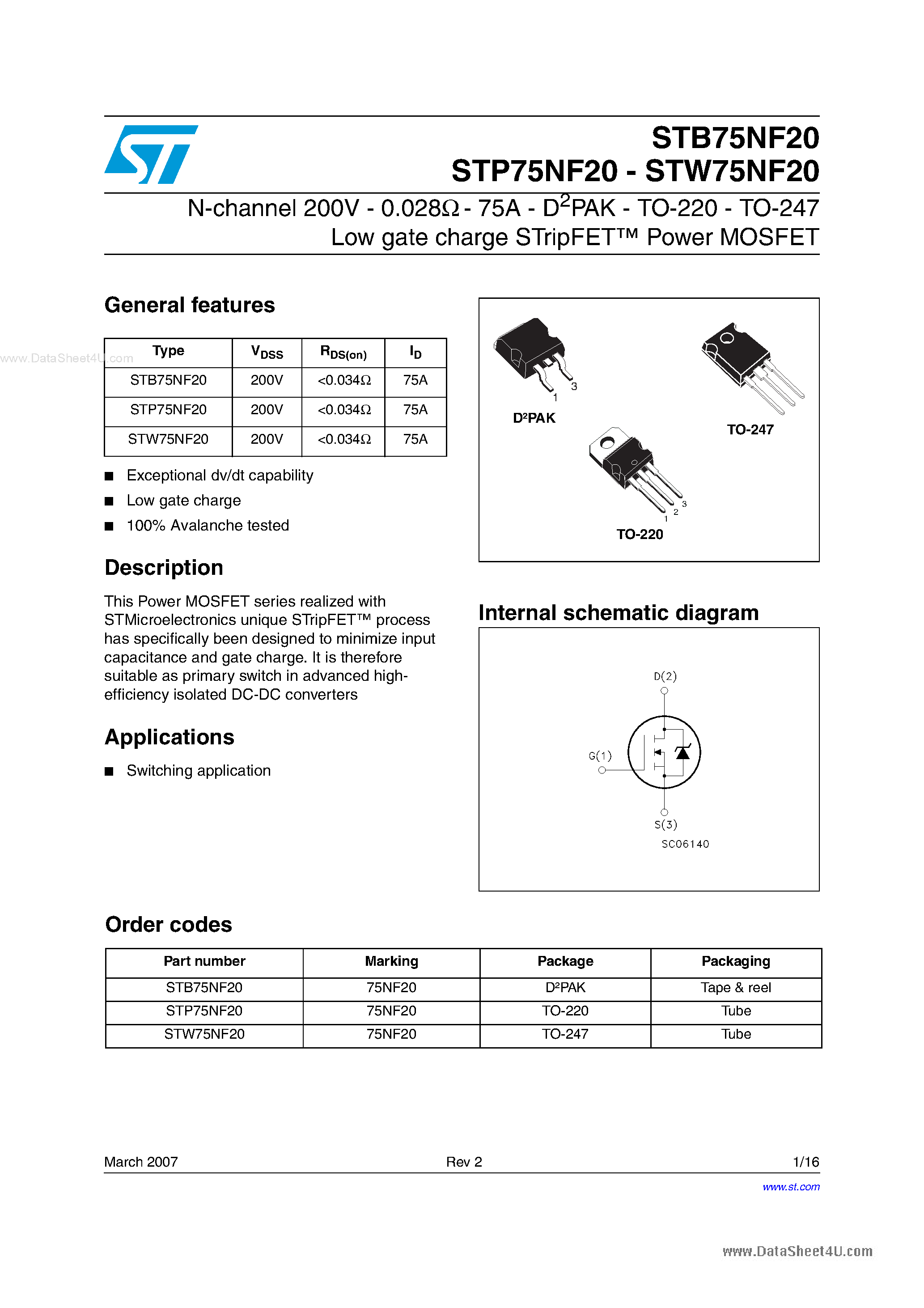 Datasheet STP75NF20 page 1 Datasheet STP75NF20 - N-channel Power MOSFET page 1