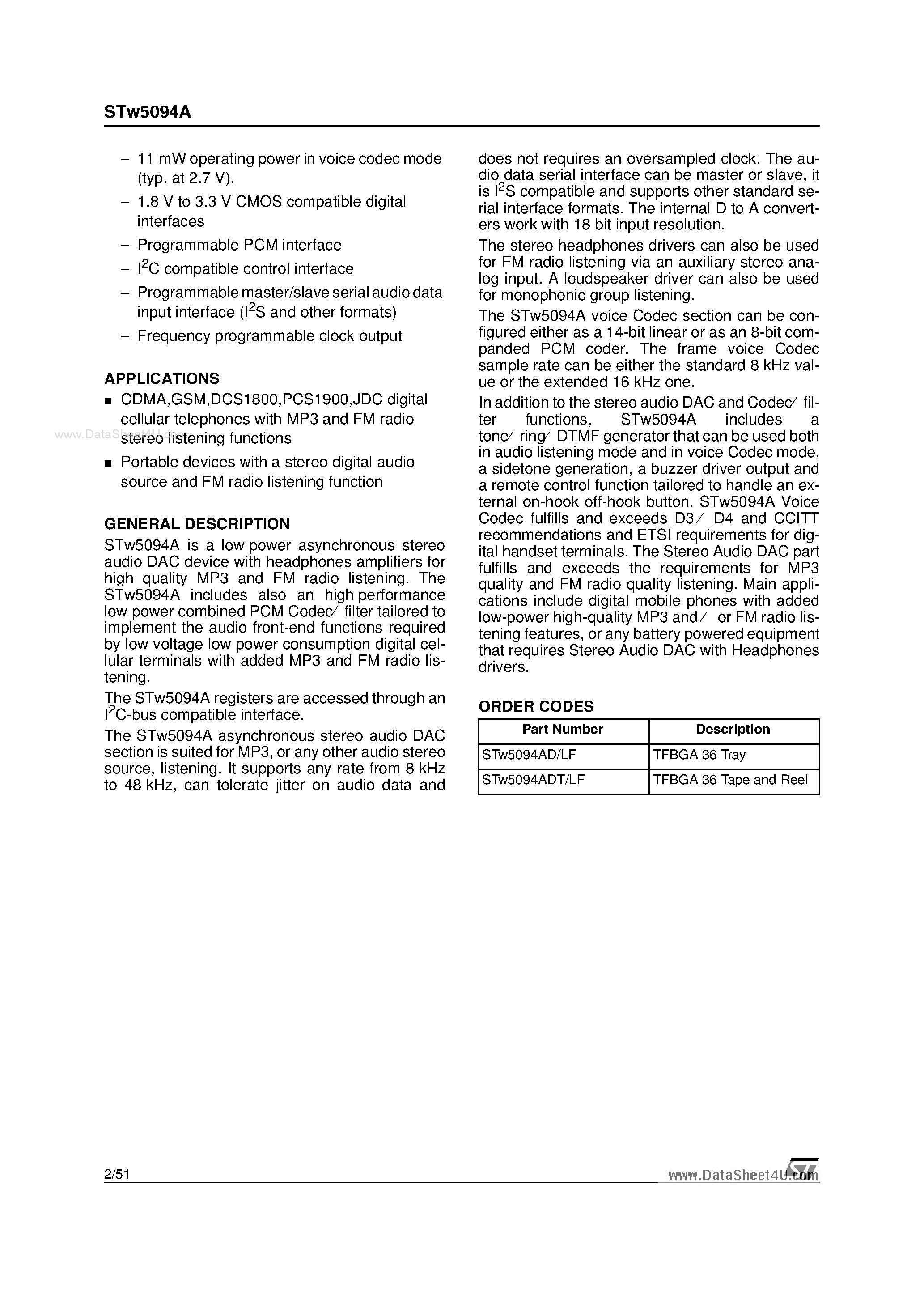 Datasheet STW5094A - 18-bit Low Power Asynchronous Stereo Audio DAC page 2