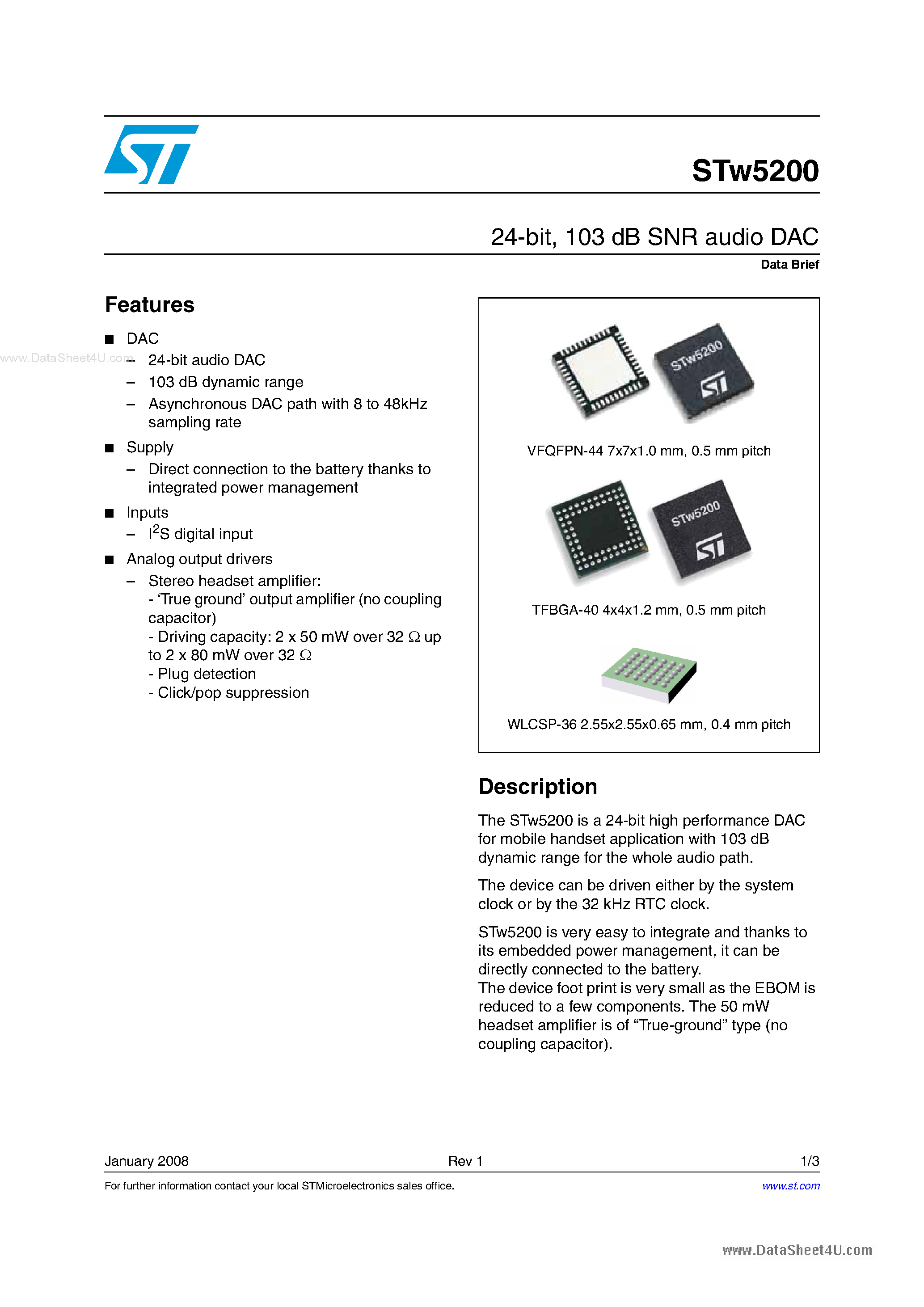 Datasheet STW5200 - 103 dB SNR audio DAC page 1
