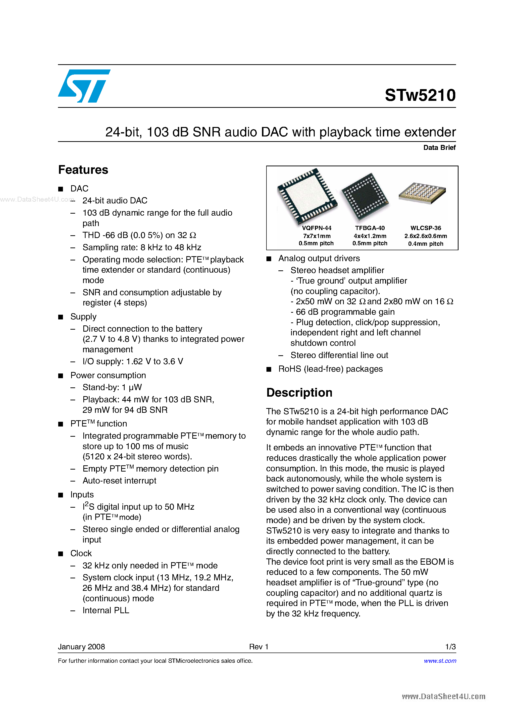 Datasheet STW5210 - 103 dB SNR audio DAC page 1
