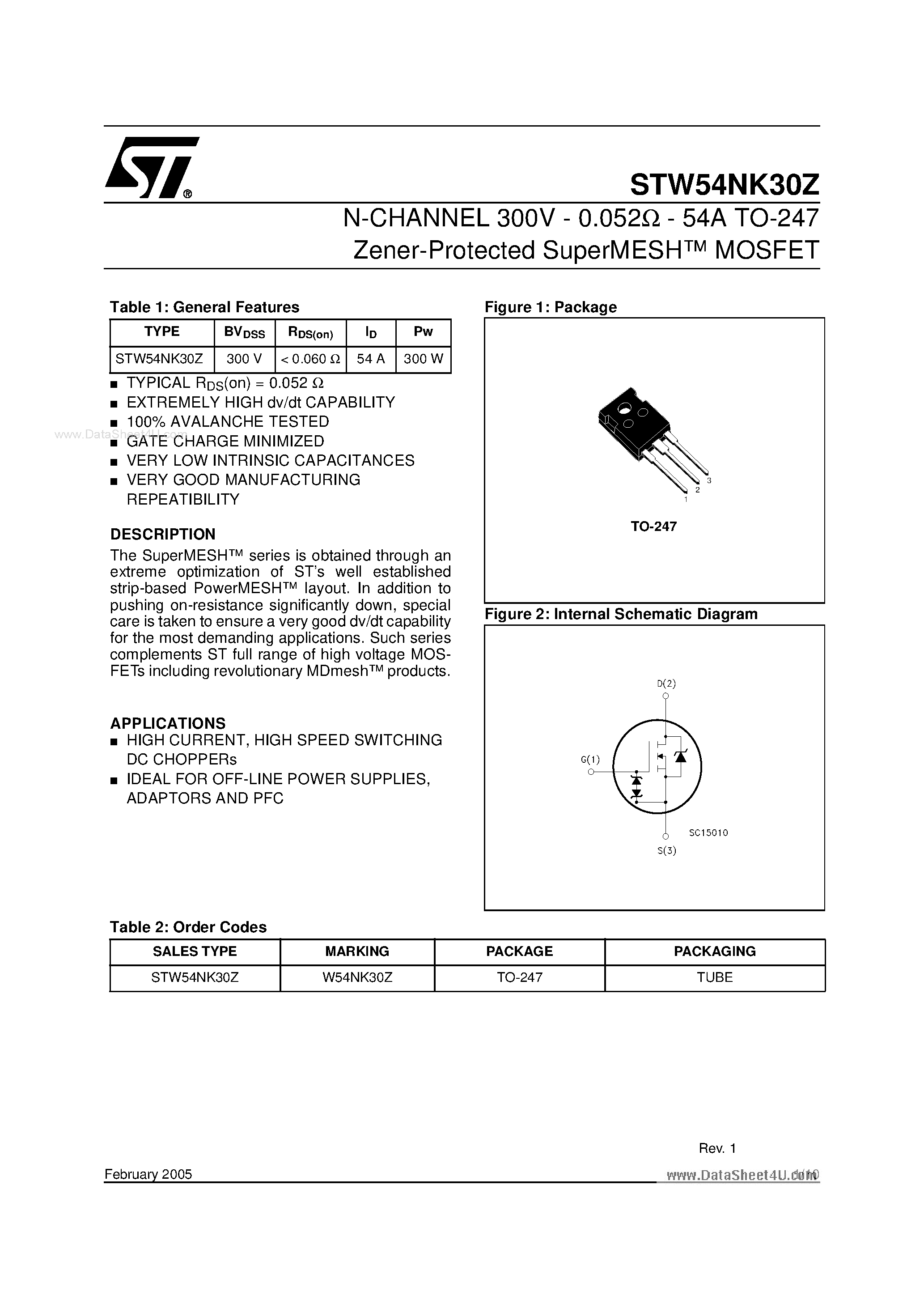 Datasheet STW54NK30Z page 1 Datasheet STW54NK30Z - N-CHANNEL MOSFET page 1