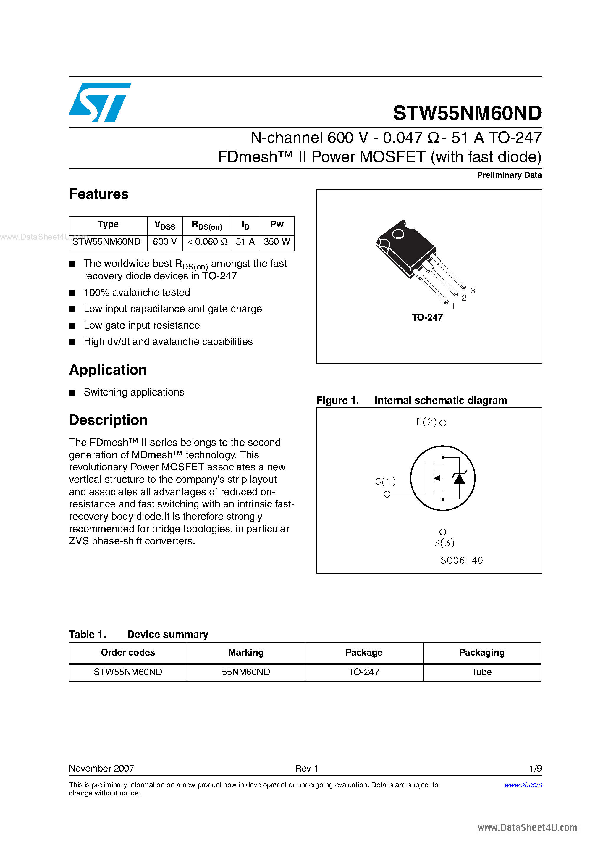 Datasheet STW55NM60ND - N-channel MOSFET page 1
