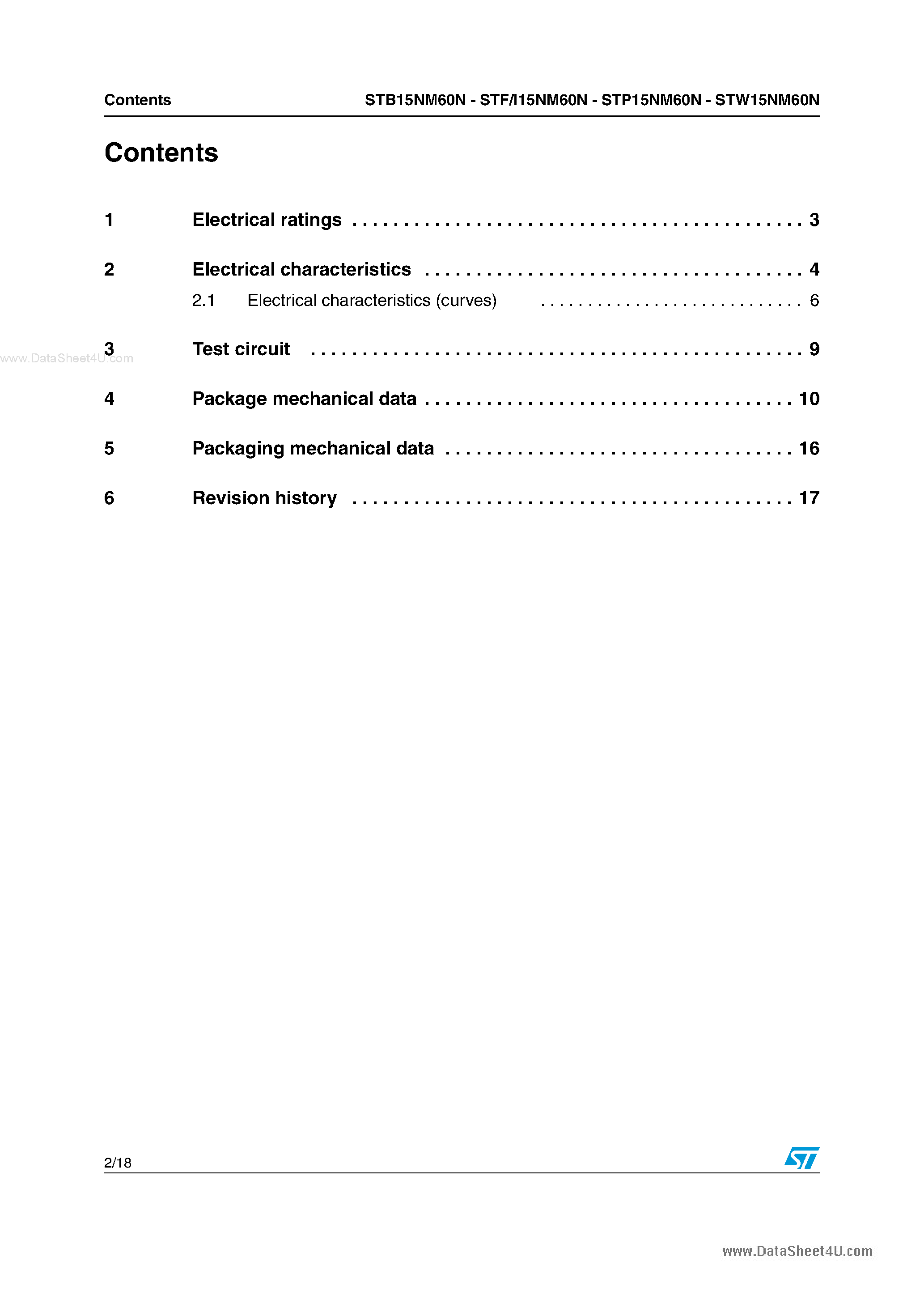 Datasheet STW15NM60N page 2 Datasheet STW15NM60N - N-channel Power MOSFET page 2