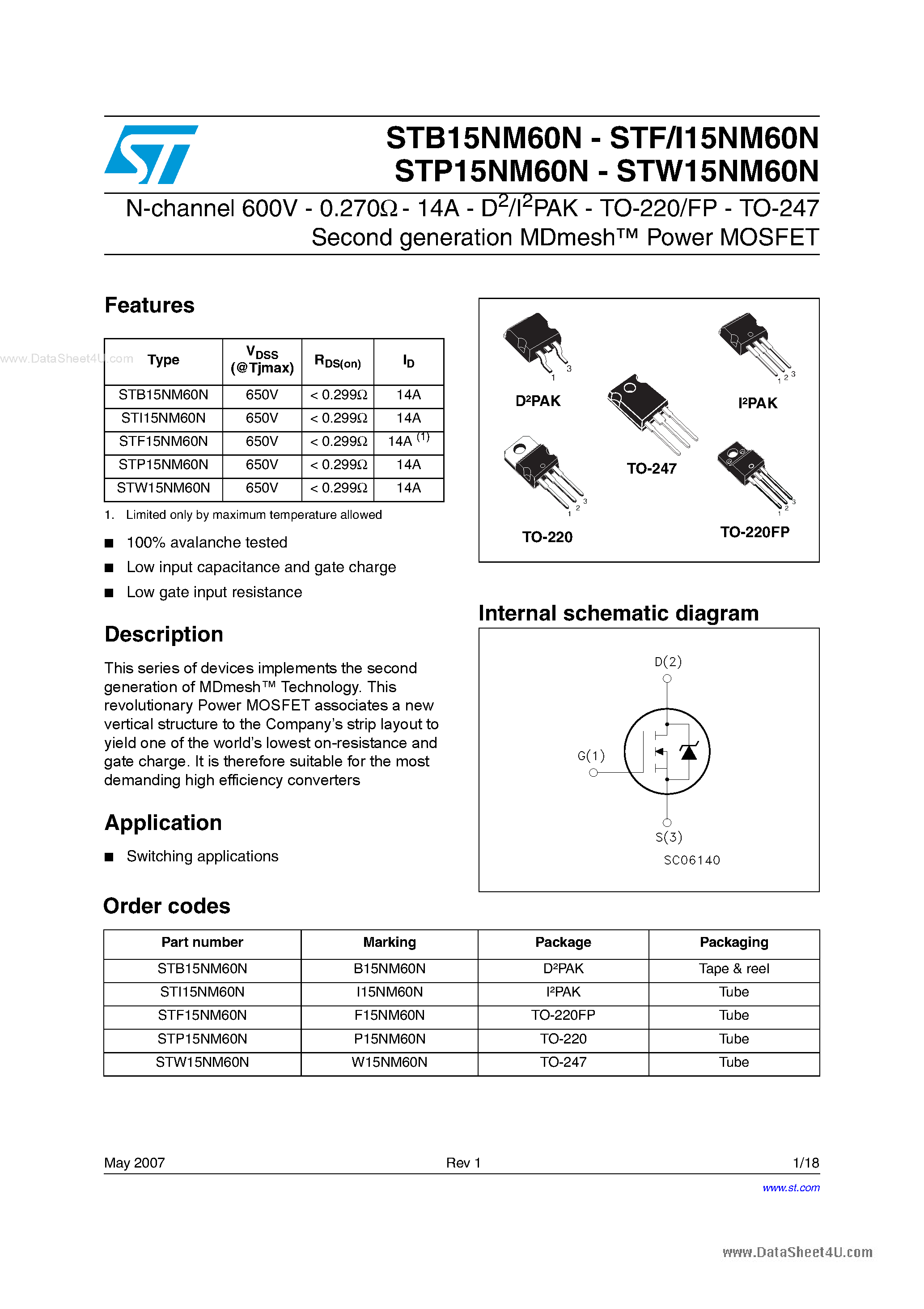 Datasheet STP15NM60N page 1 Datasheet STP15NM60N - N-channel Power MOSFET page 1