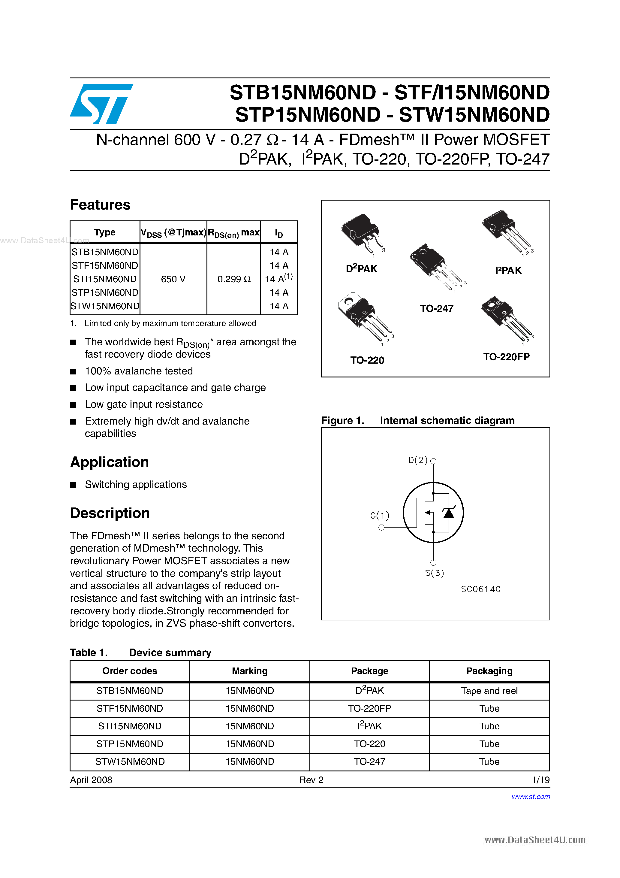 Datasheet STW15NM60ND - N-channel Power MOSFET page 1