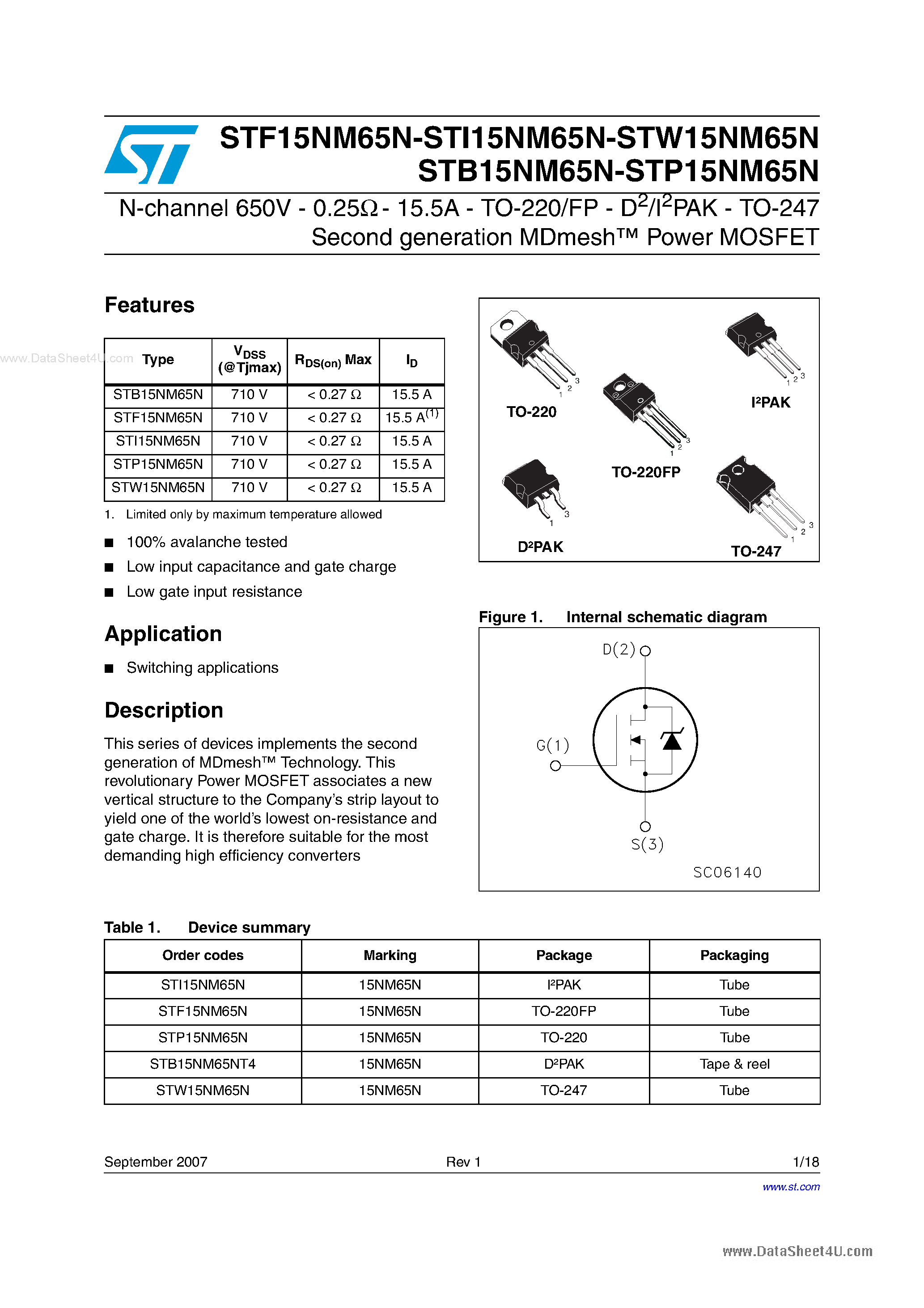Datasheet STP15NM65N page 1 Datasheet STP15NM65N - N-channel Power MOSFET page 1