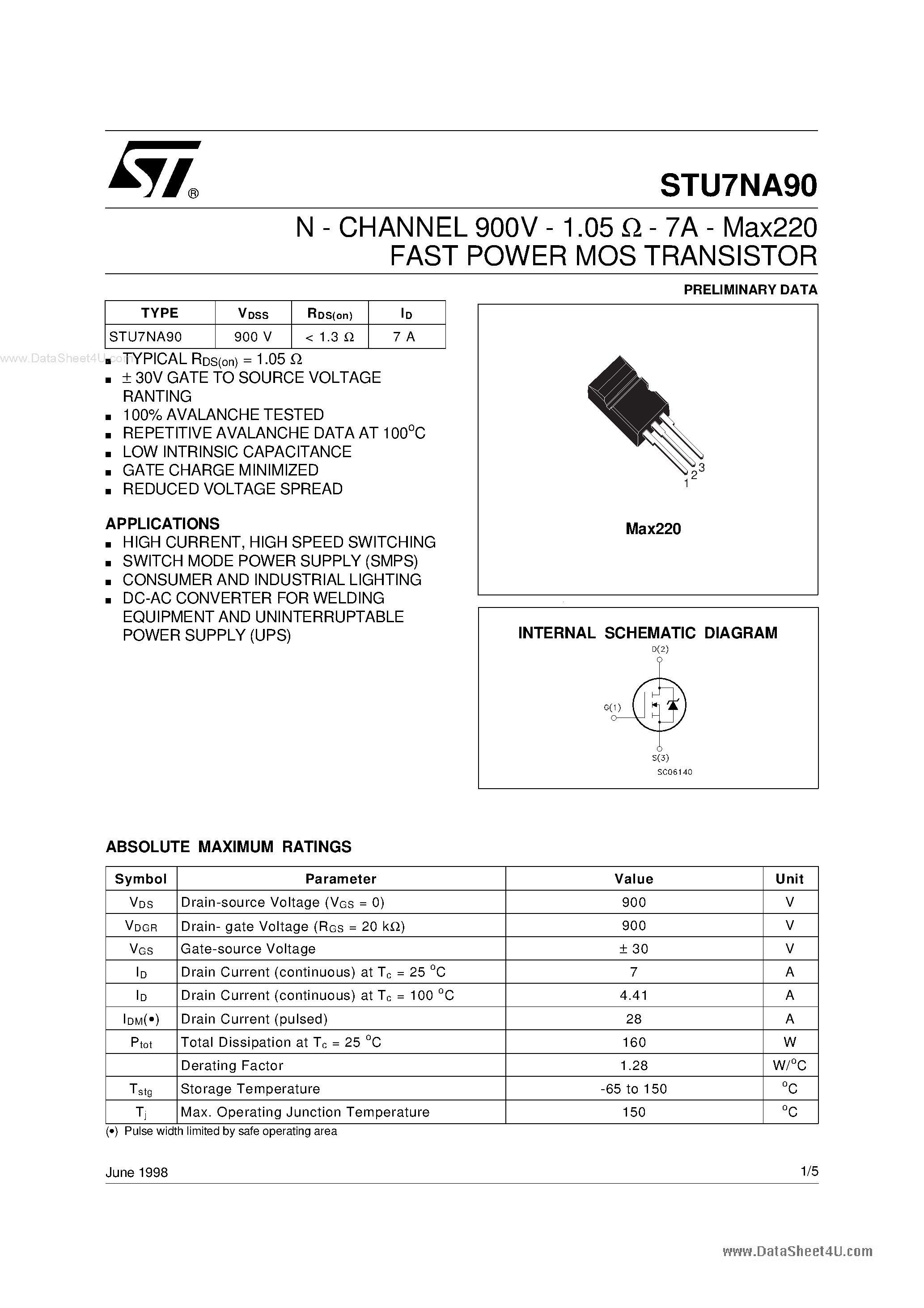 Даташит STU7NA90 - N-channel Power MOSFET страница 1