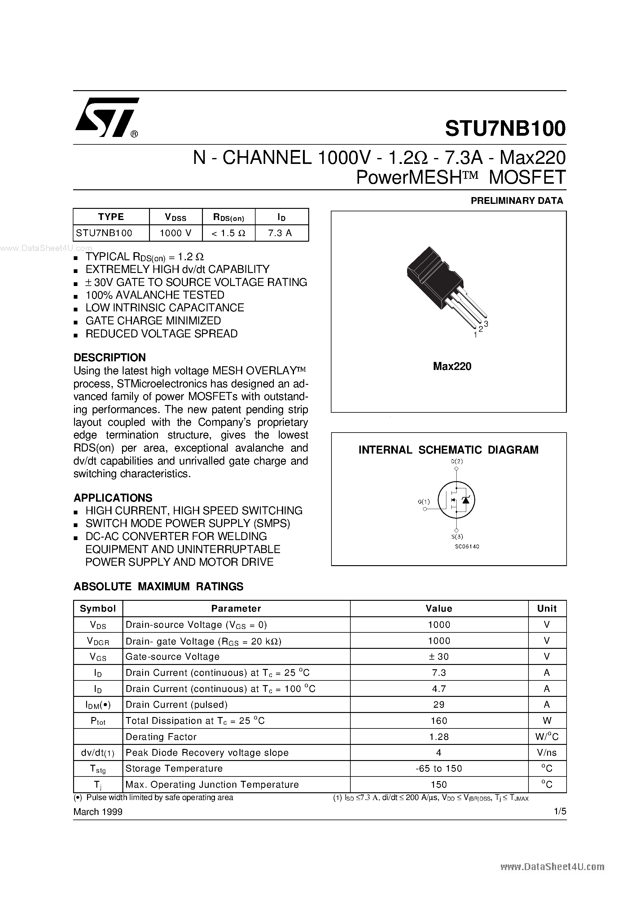 Даташит STU7NB100 - N-channel Power MOSFET страница 1