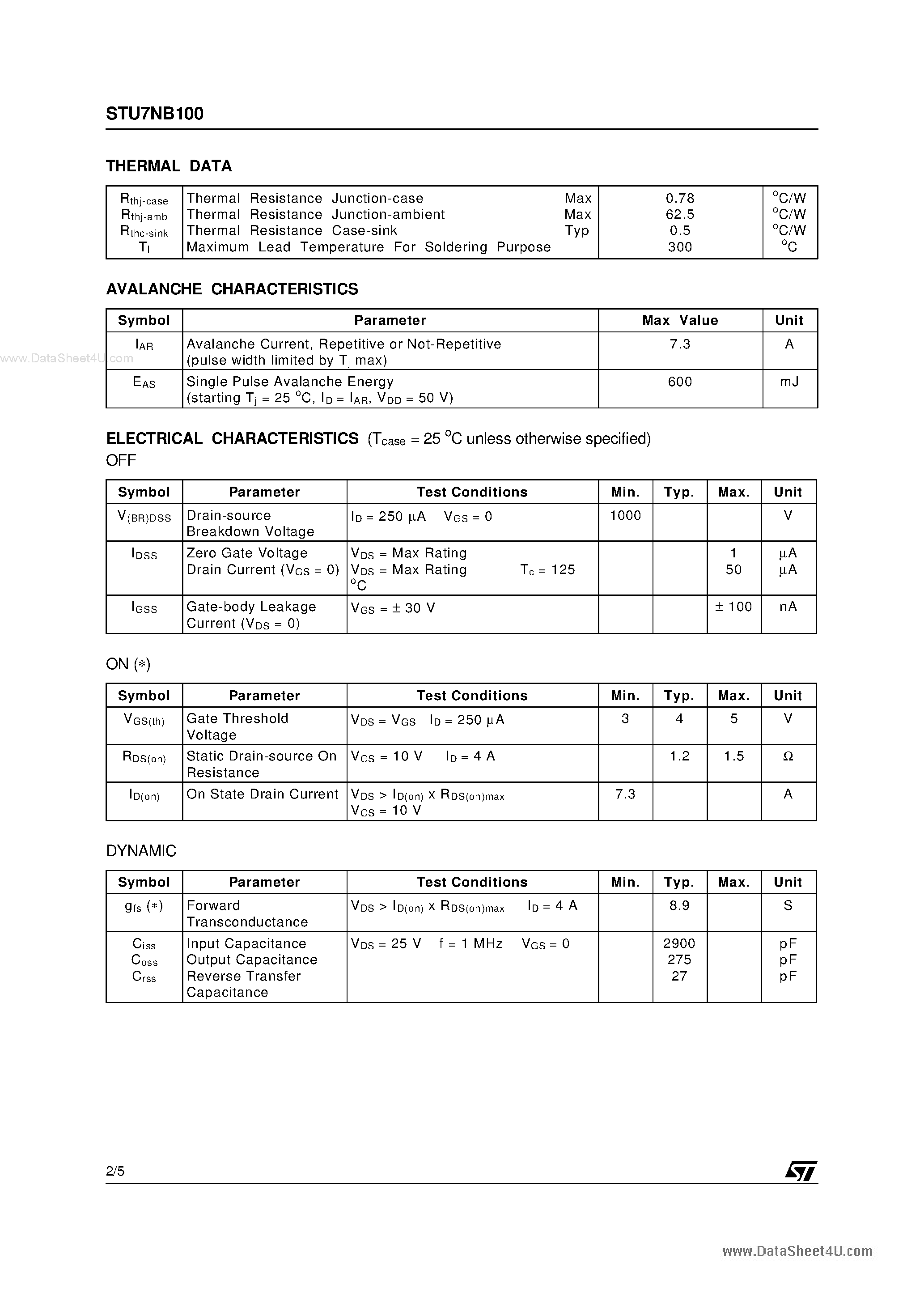 Даташит STU7NB100 - N-channel Power MOSFET страница 2