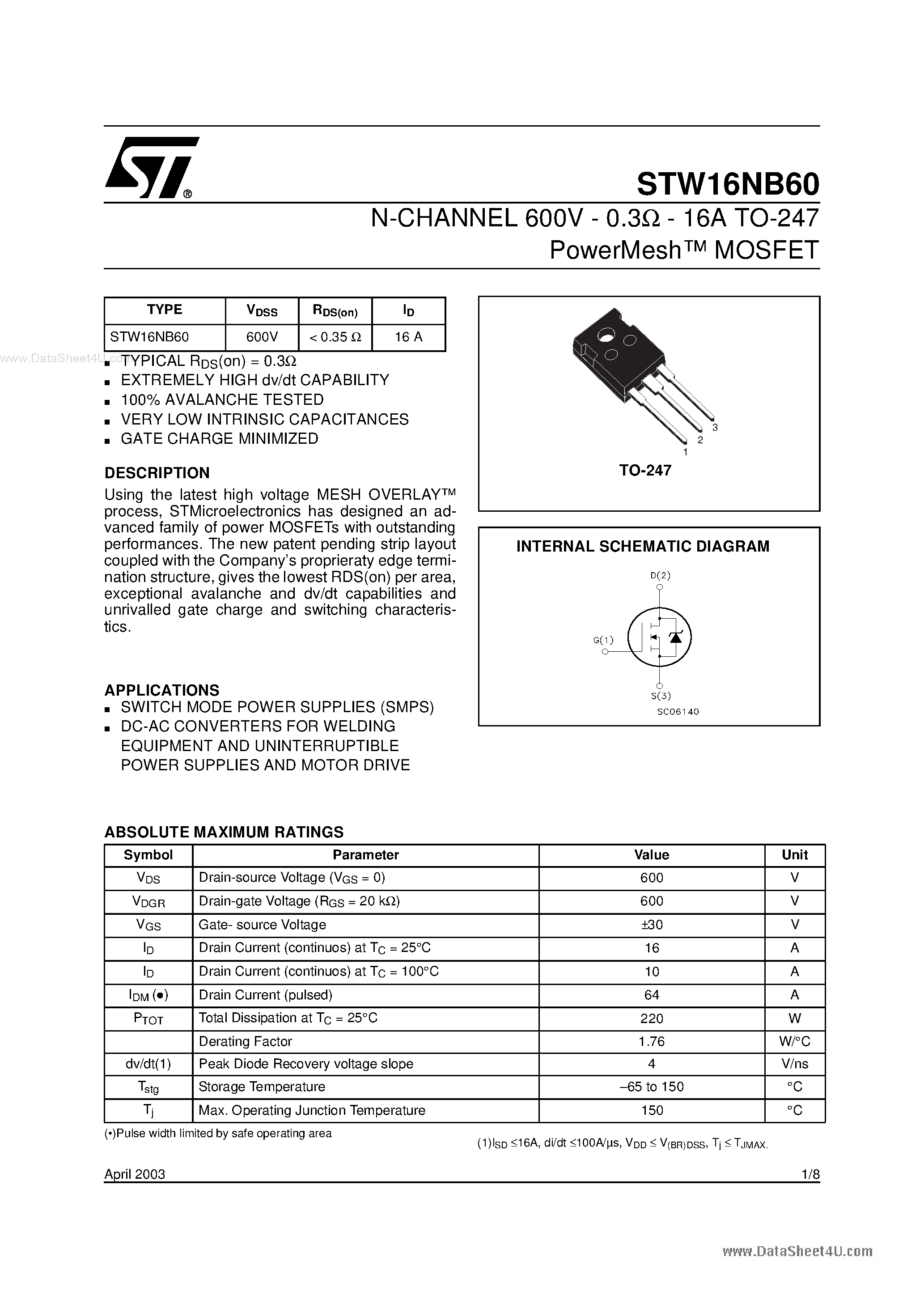 Datasheet STW16NB60 page 1 Datasheet STW16NB60 - N-channel Power MOSFET page 1