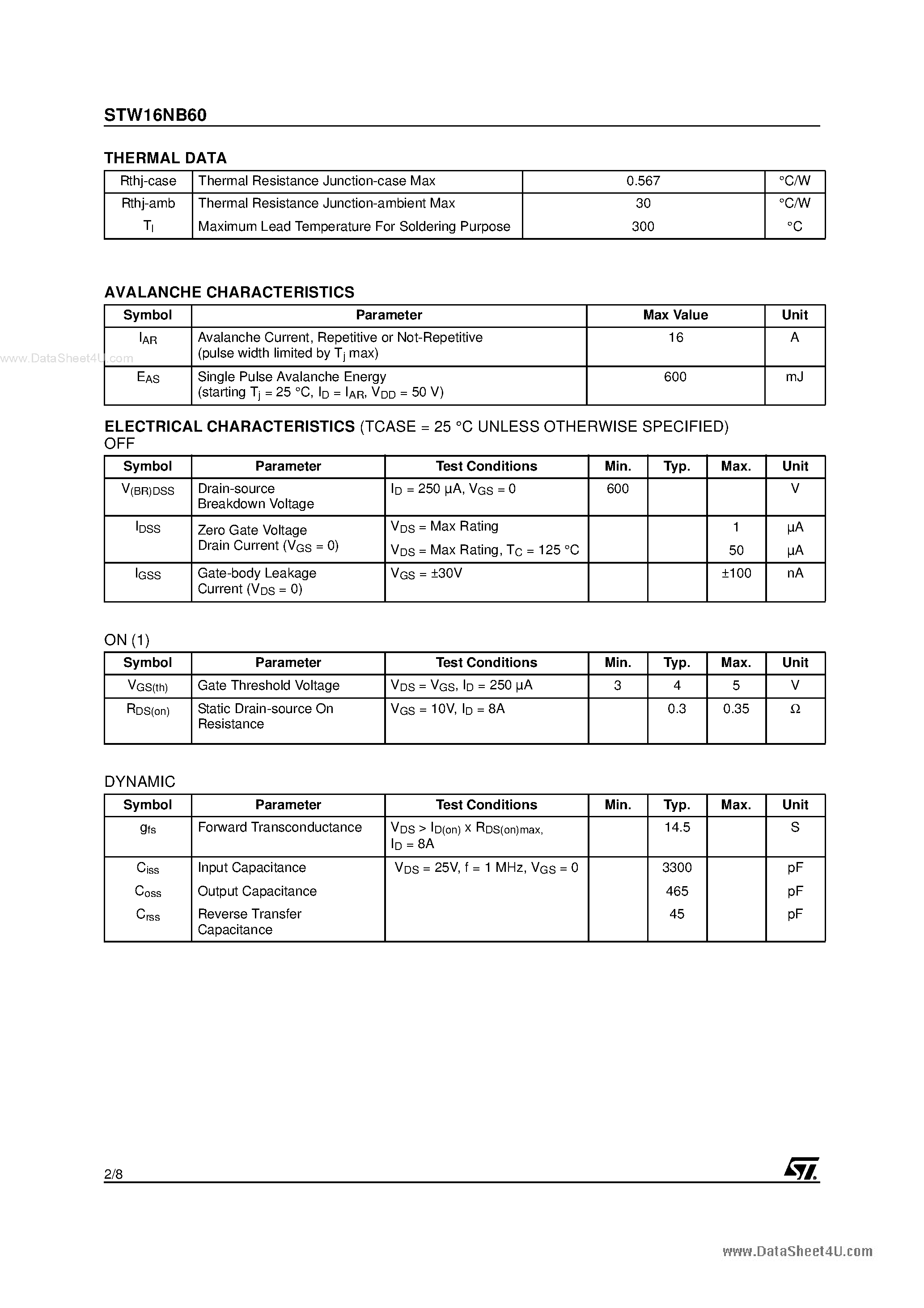 Datasheet STW16NB60 page 2 Datasheet STW16NB60 - N-channel Power MOSFET page 2