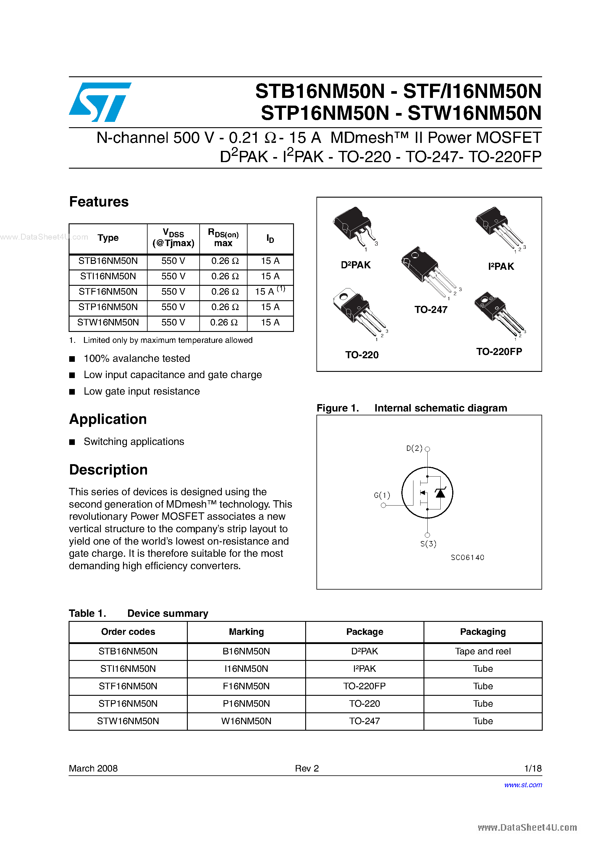Datasheet STF/16NM50N - N-channel Power MOSFET page 1