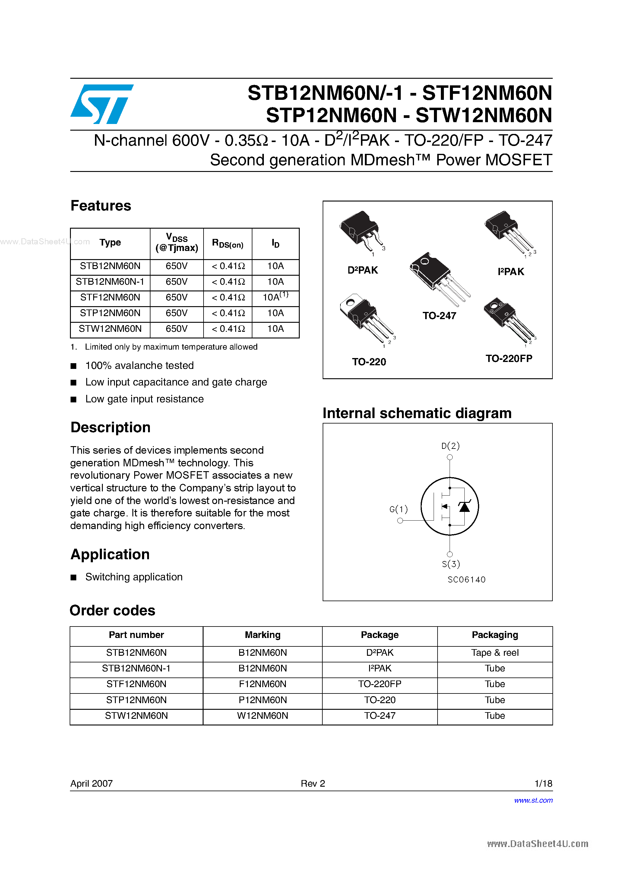Datasheet STF12NM60N - N-channel Power MOSFET page 1