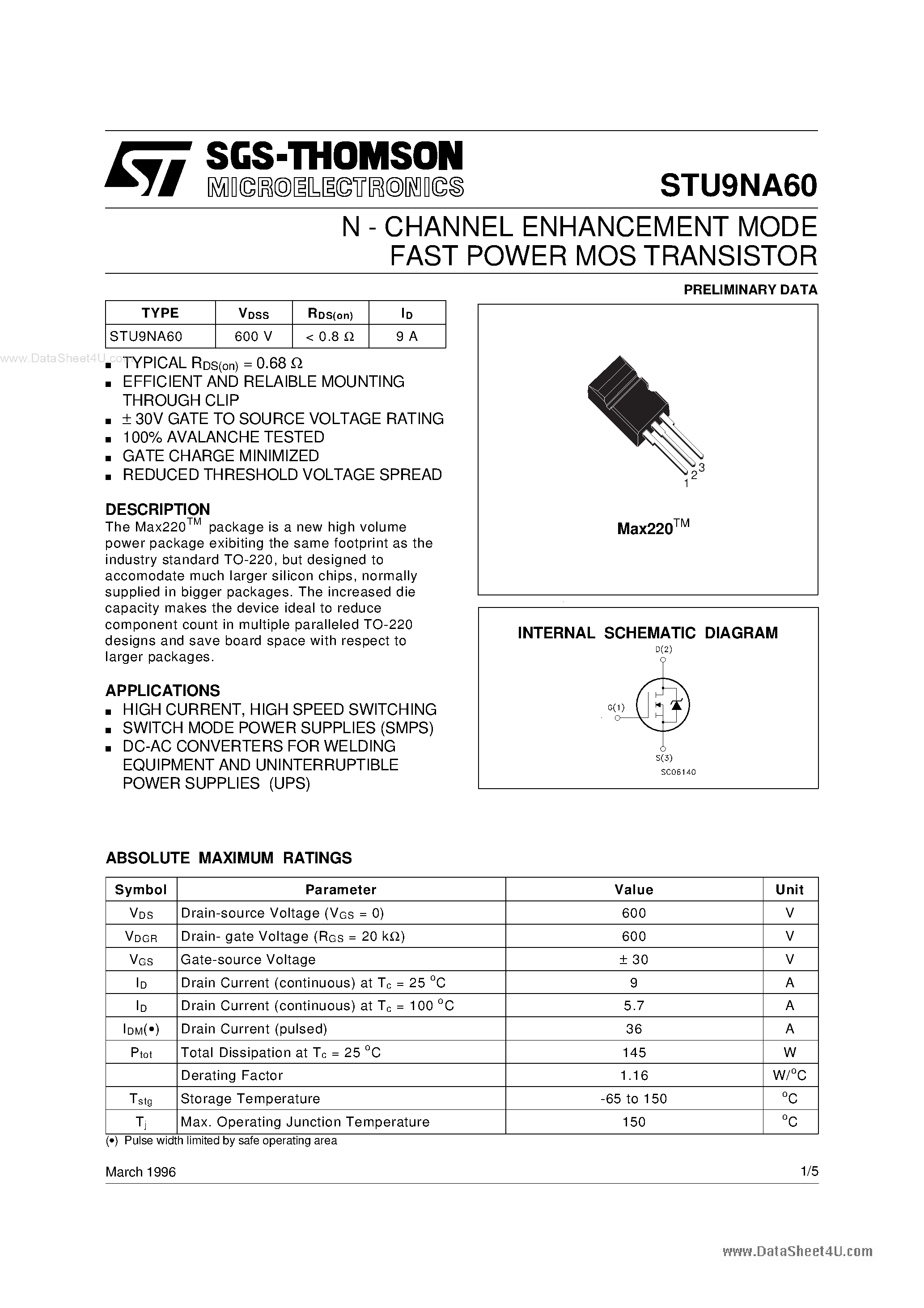 Datasheet STU9NA60 - N-channel Power MOSFET page 1