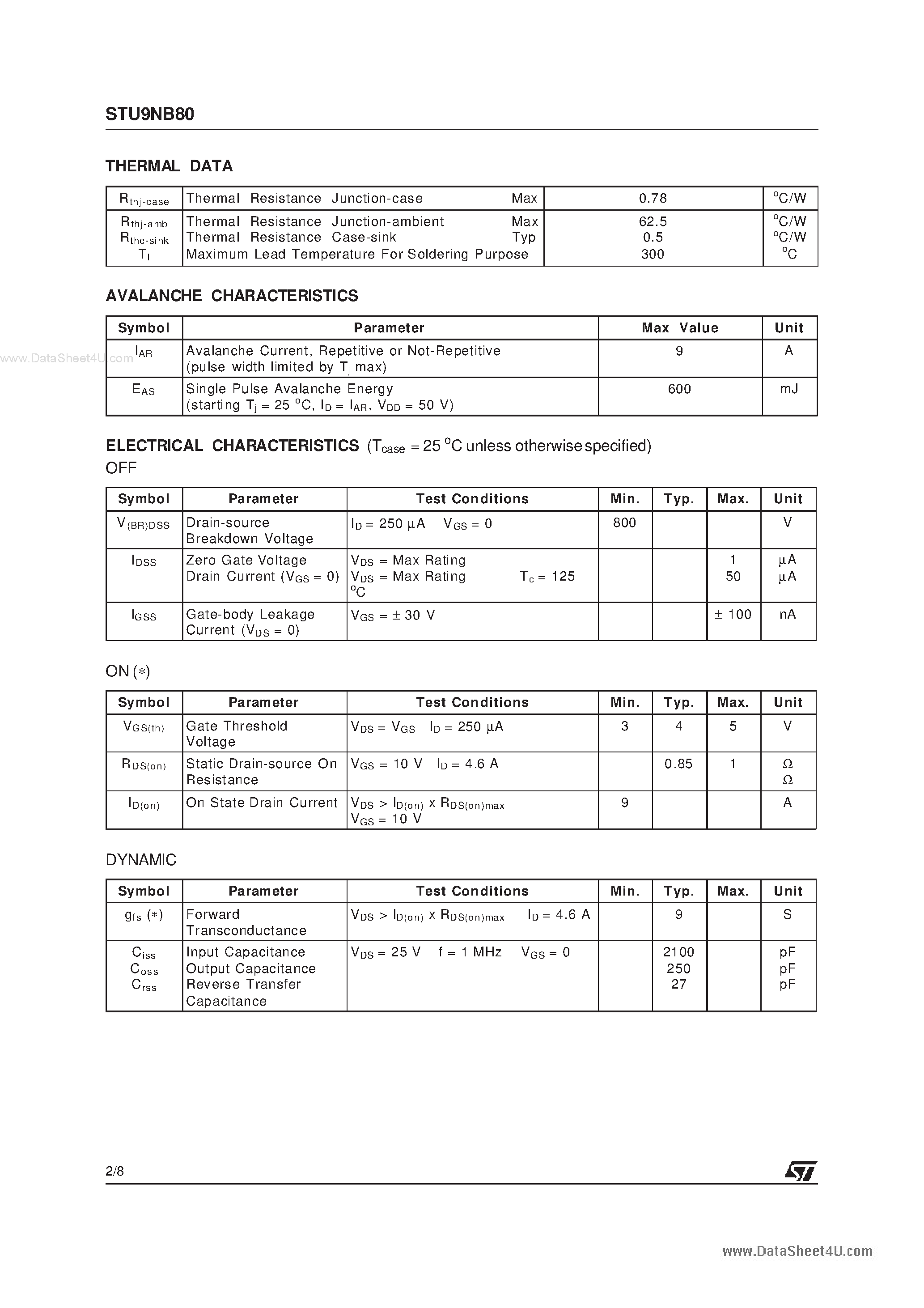 Datasheet STU9NB80 - N-channel Power MOSFET page 2