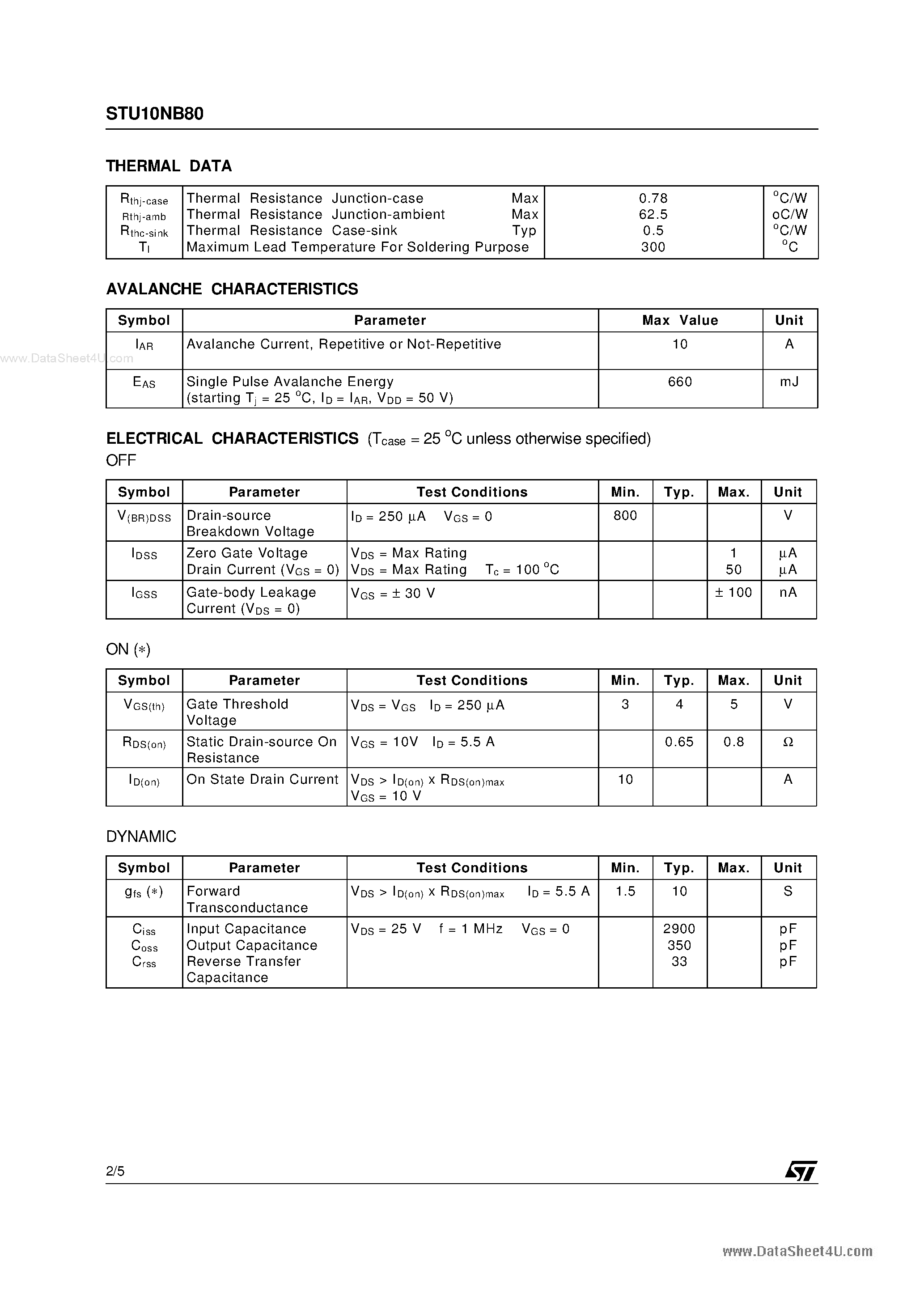Datasheet STU10NB80 page 2 Datasheet STU10NB80 - N-channel Power MOSFET page 2