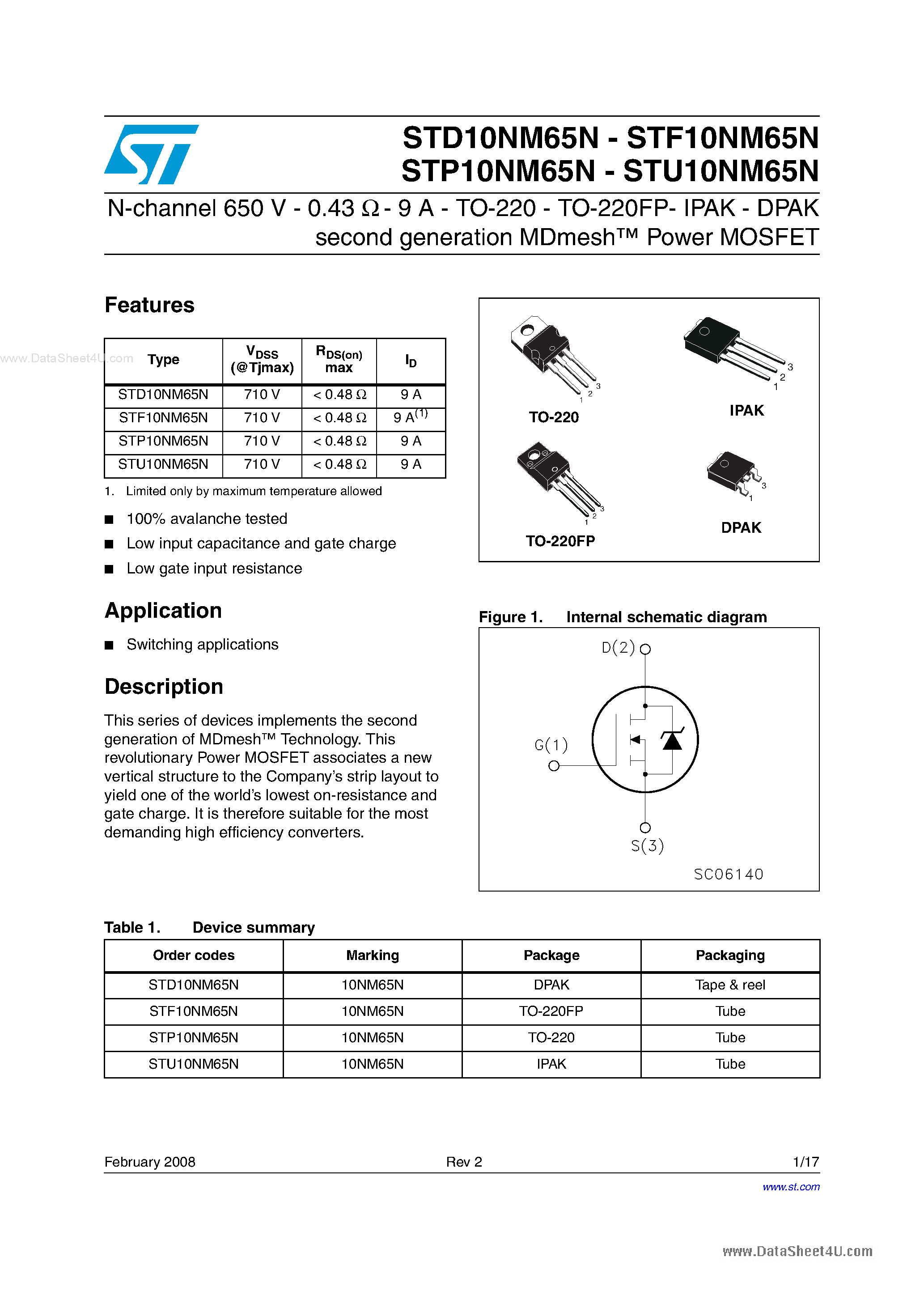 Datasheet STF10NM65N - N-channel Power MOSFET page 1