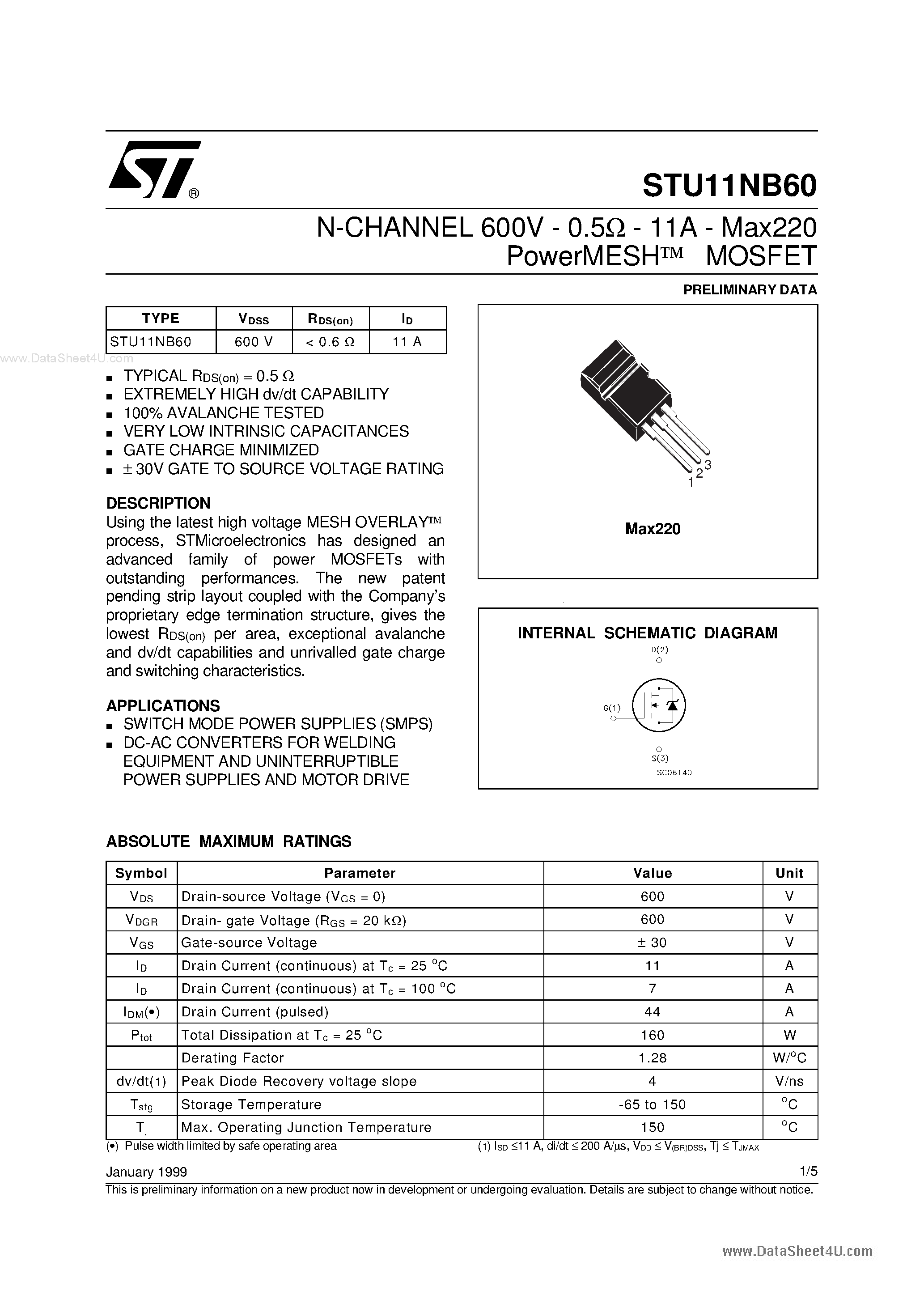 Даташит на микросхему STU11NB60 страница 1 Даташит STU11NB60 - N-channel Power MOSFET страница 1
