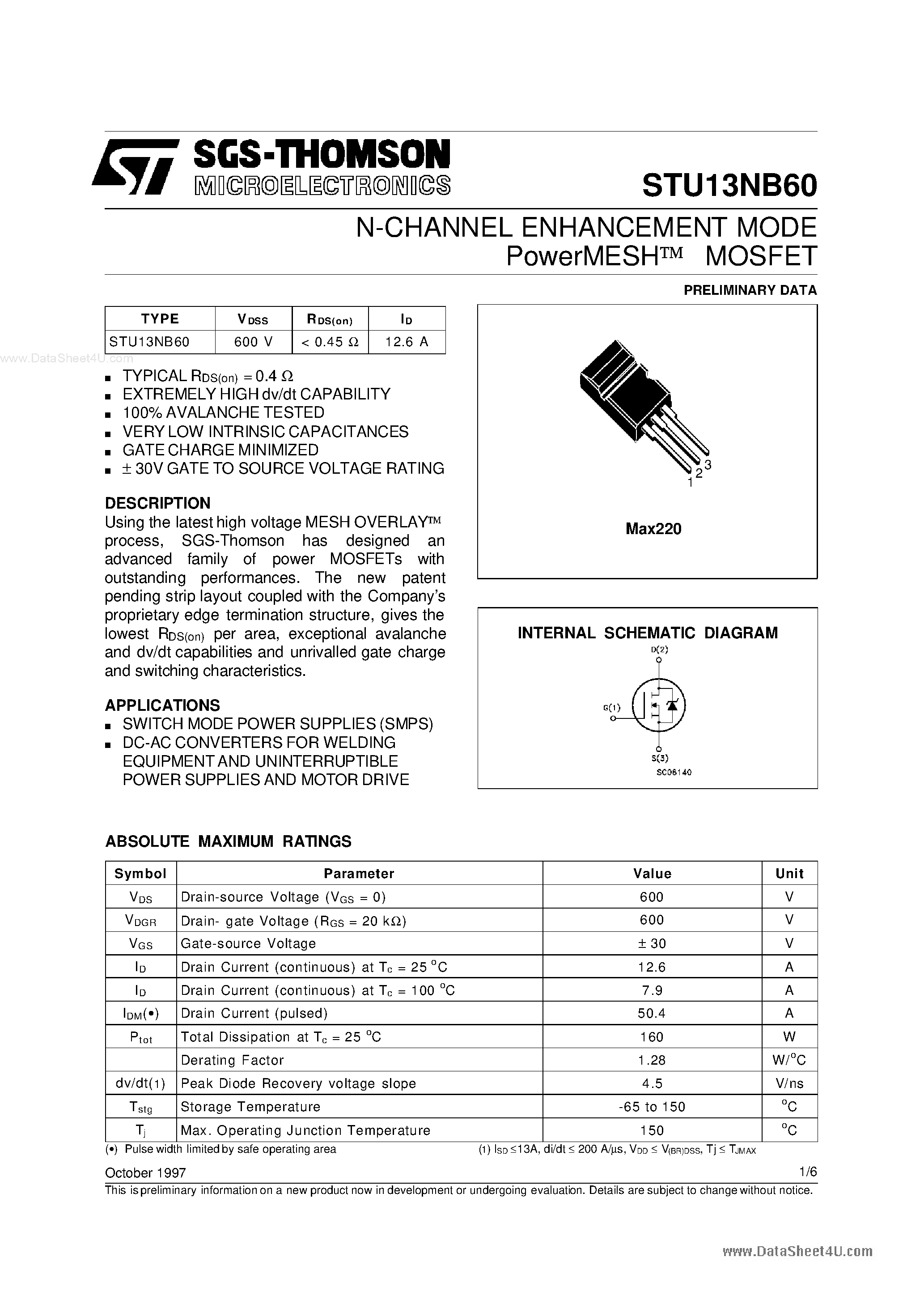 Даташит на микросхему STU13NB60 страница 1 Даташит STU13NB60 - N-channel Power MOSFET страница 1