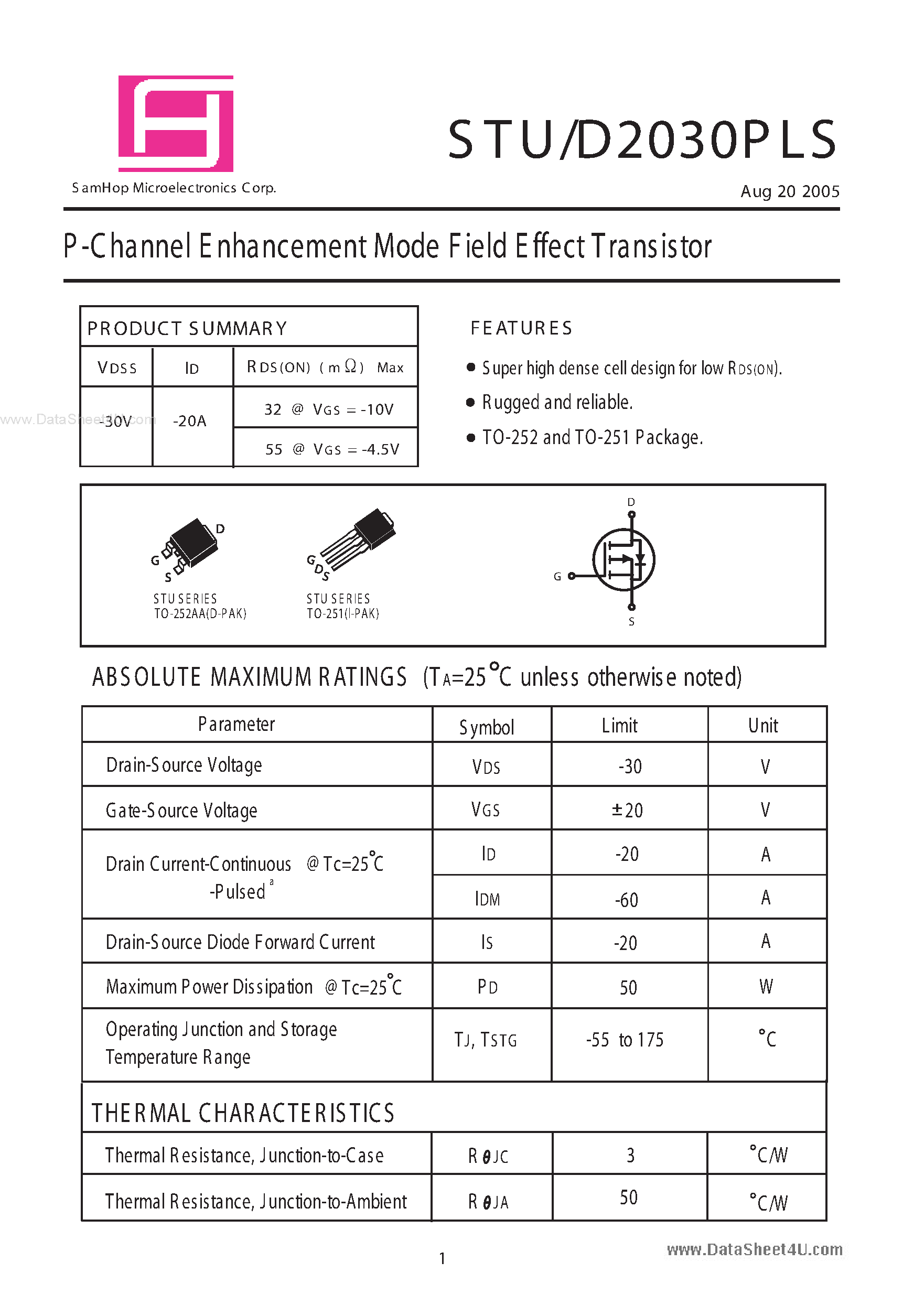 Datasheet STD2030PLS page 1 Datasheet STD2030PLS - P-Channel Enhancement Mode Field Effect Transistor page 1