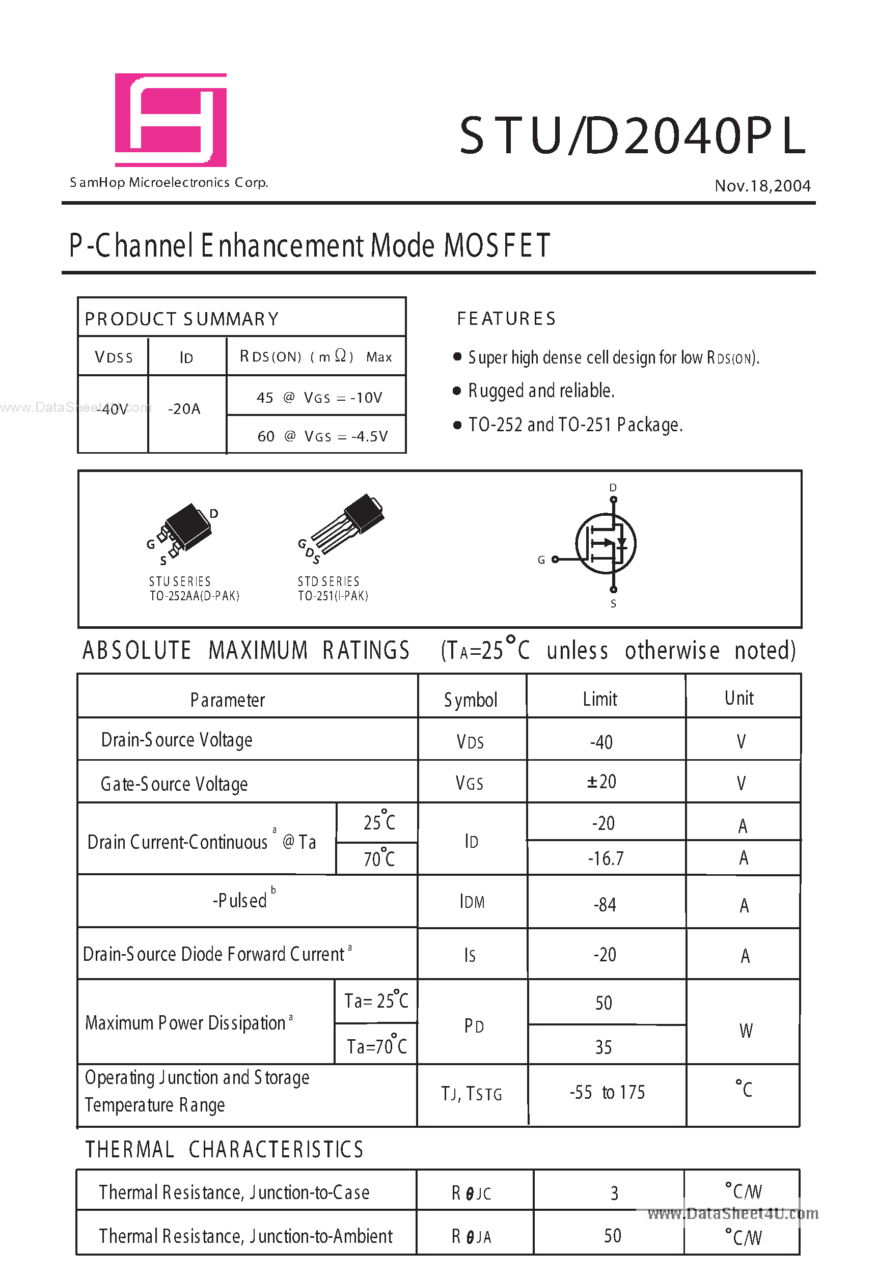 Datasheet STD2040PL page 1 Datasheet STD2040PL - P-Channel Enhancement Mode MOSFET page 1