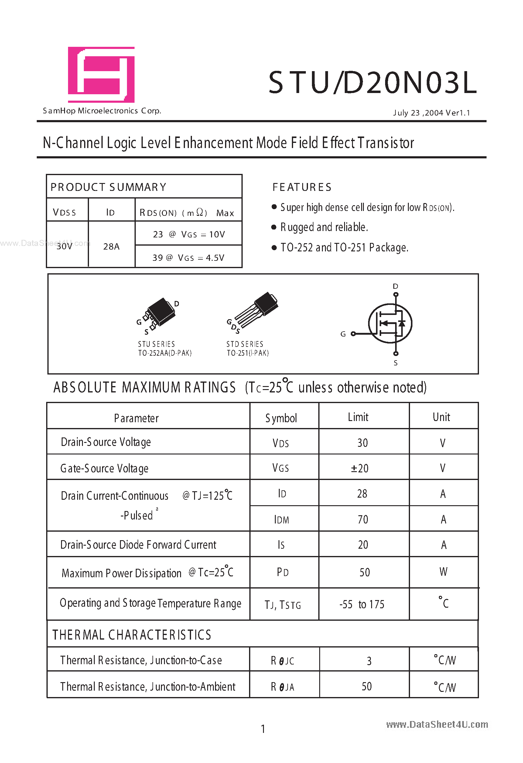 Даташит на микросхему STU20N03L страница 1 Даташит STU20N03L - N-Channel Logic Level Enhancement Mode Field Effect Transistor страница 1