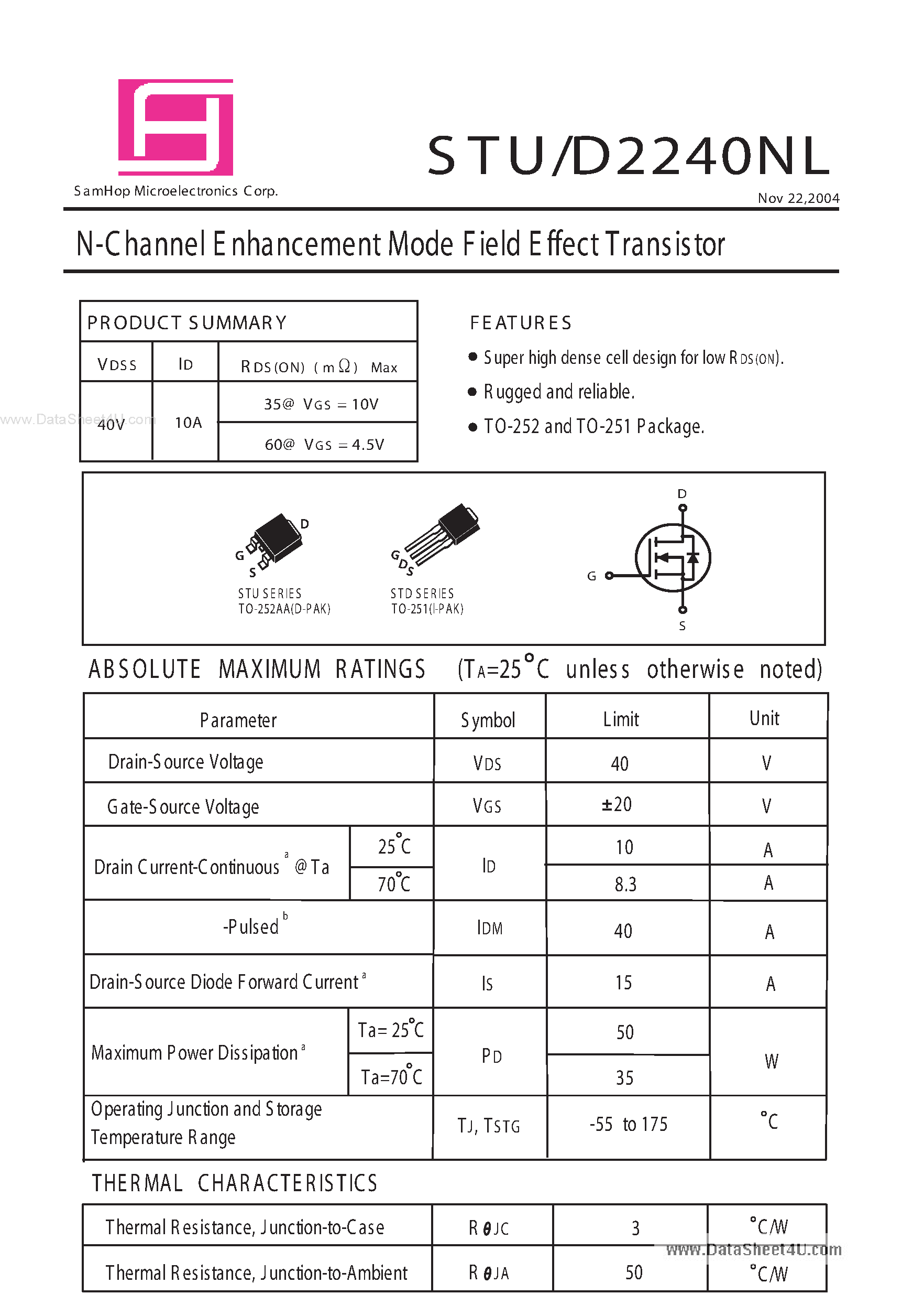 Datasheet STD2240NL page 1 Datasheet STD2240NL - N-Channel Enhancement Mode Field Effect Transistor page 1