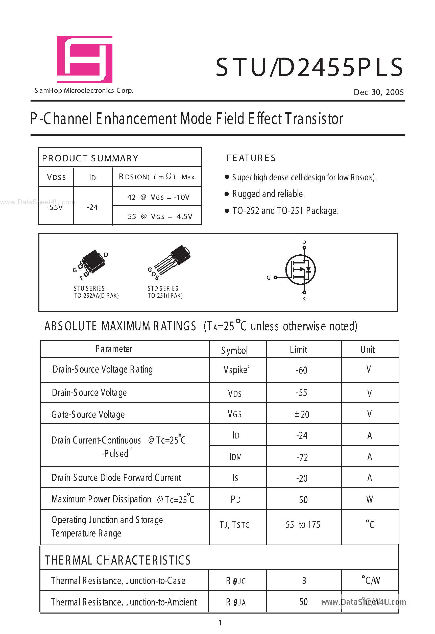 Даташит на микросхему STU2455PLS страница 1 Даташит STU2455PLS - P-Channel Enhancement Mode Field Effect Transistor страница 1
