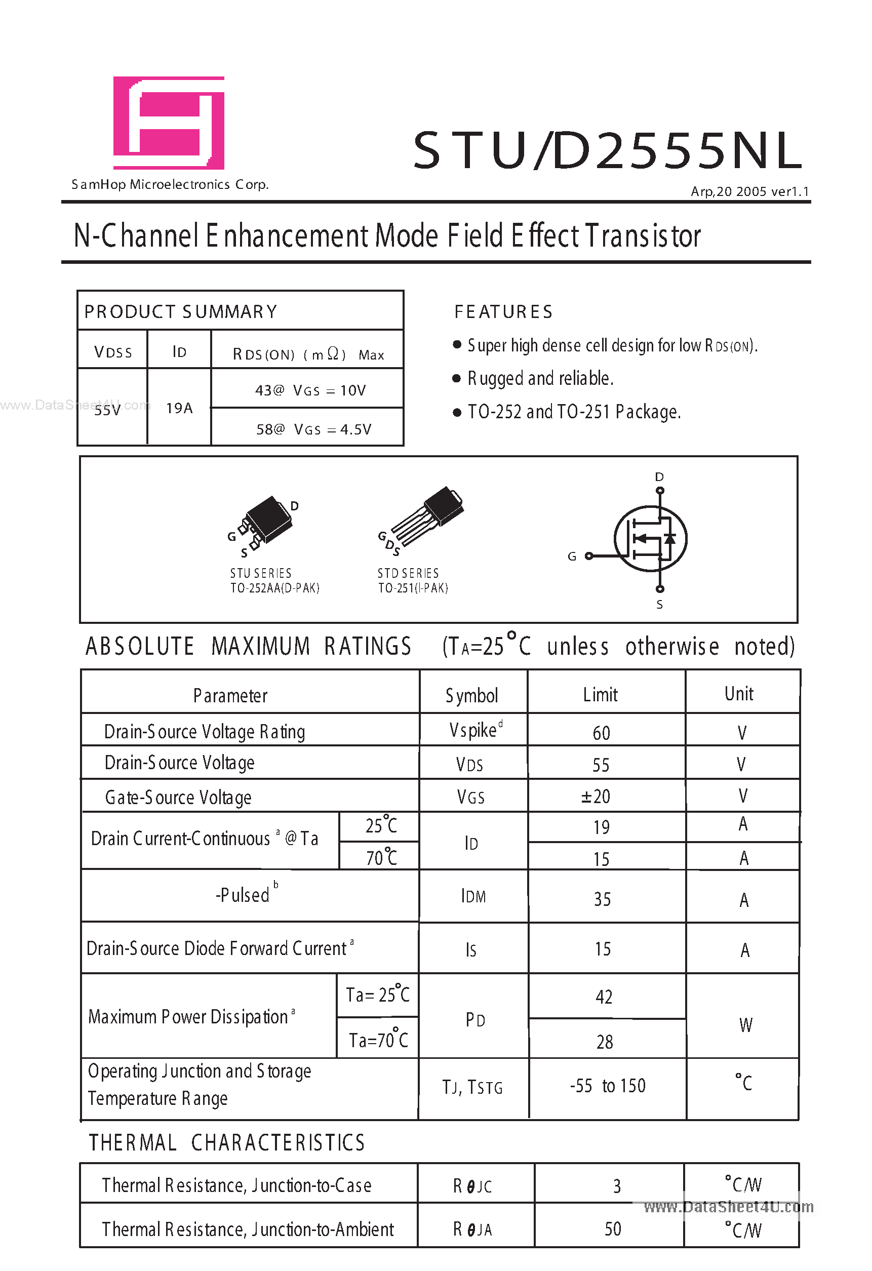 Даташит на микросхему STU2555NL страница 1 Даташит STU2555NL - N-Channel Enhancement Mode Field Effect Transistor страница 1
