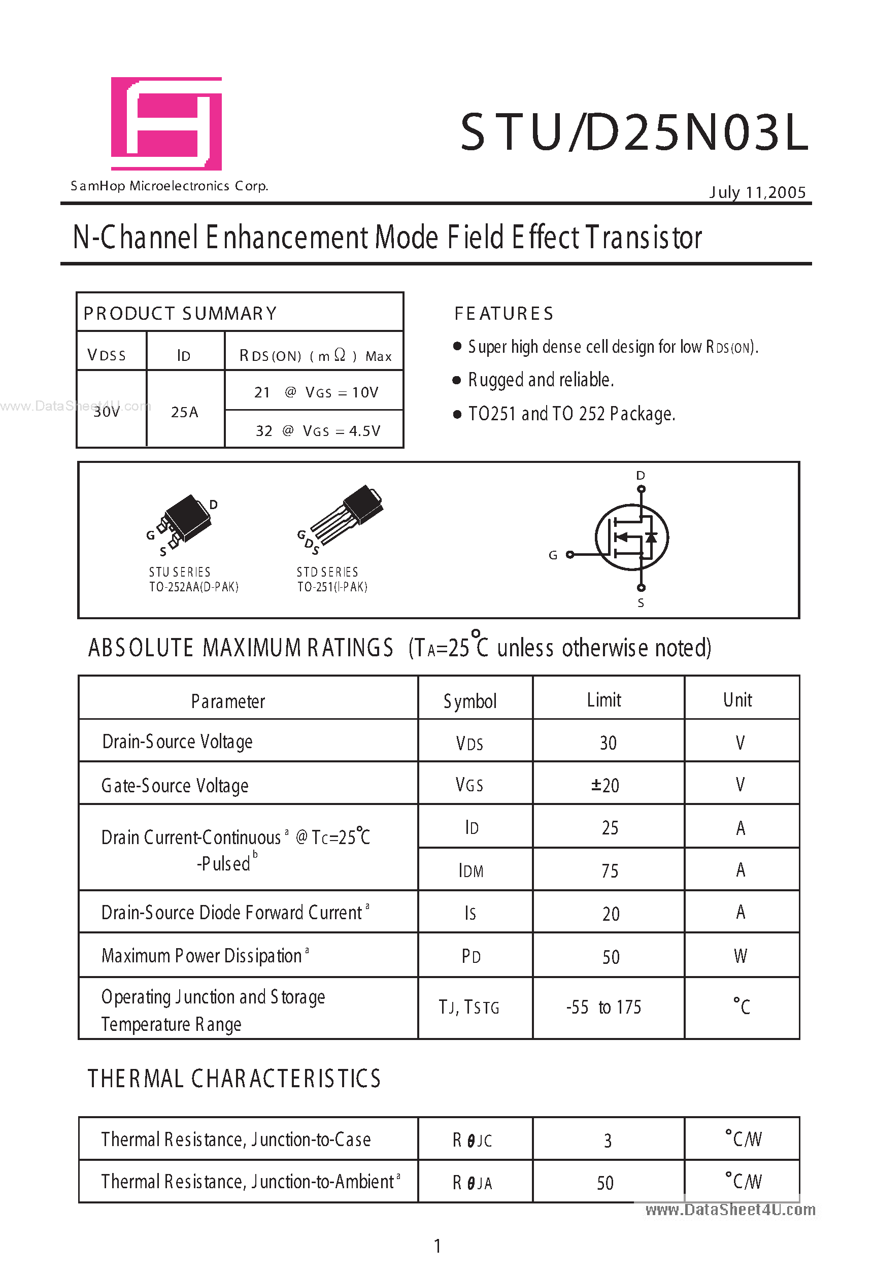 Даташит на микросхему STU25N03L страница 1 Даташит STU25N03L - N-Channel Enhancement Mode Field Effect Transistor страница 1