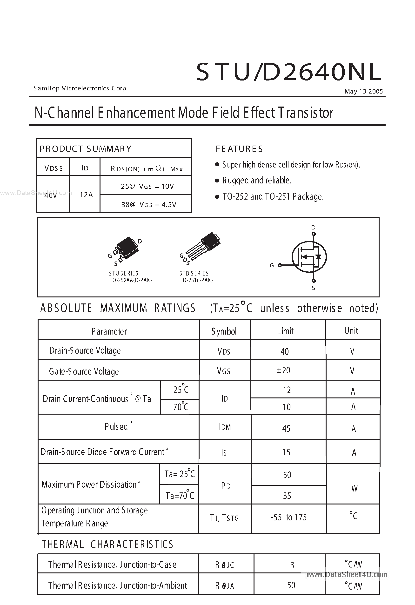 Даташит на микросхему STU2640NL страница 1 Даташит STU2640NL - N-Channel Enhancement Mode Field Effect Transistor страница 1
