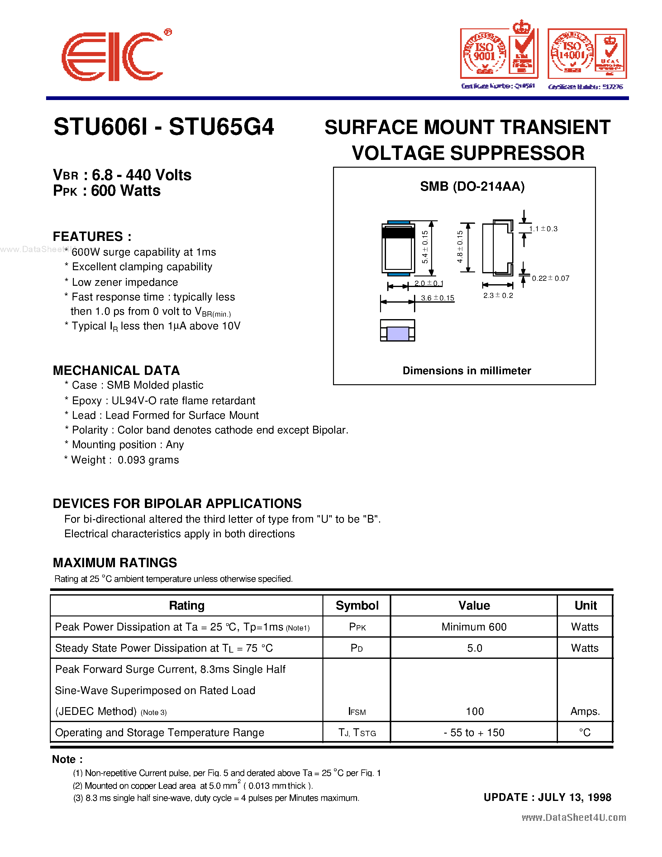 Даташит STU6010 - SURFACE MOUNT TRANSIENT VOLTAGE SUPPRESSOR страница 1