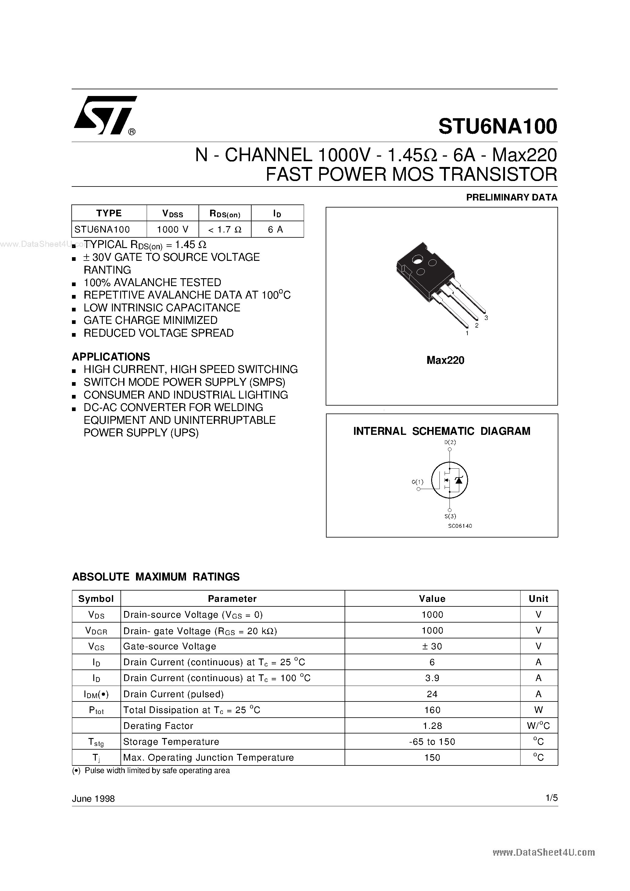 Даташит STU6NA100 - N-channel Power MOSFET страница 1