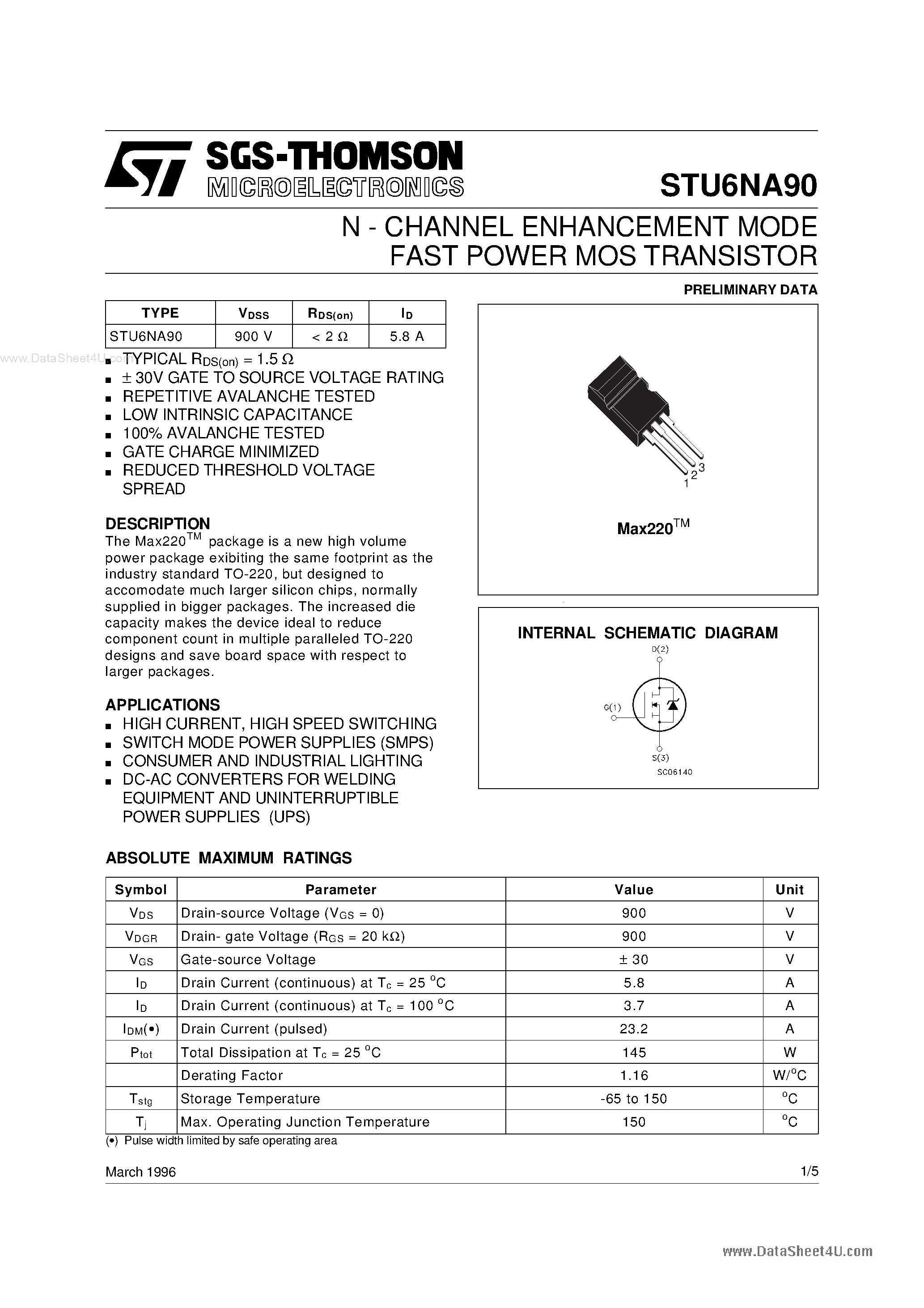 Даташит STU6NA90 - N-channel Power MOSFET страница 1