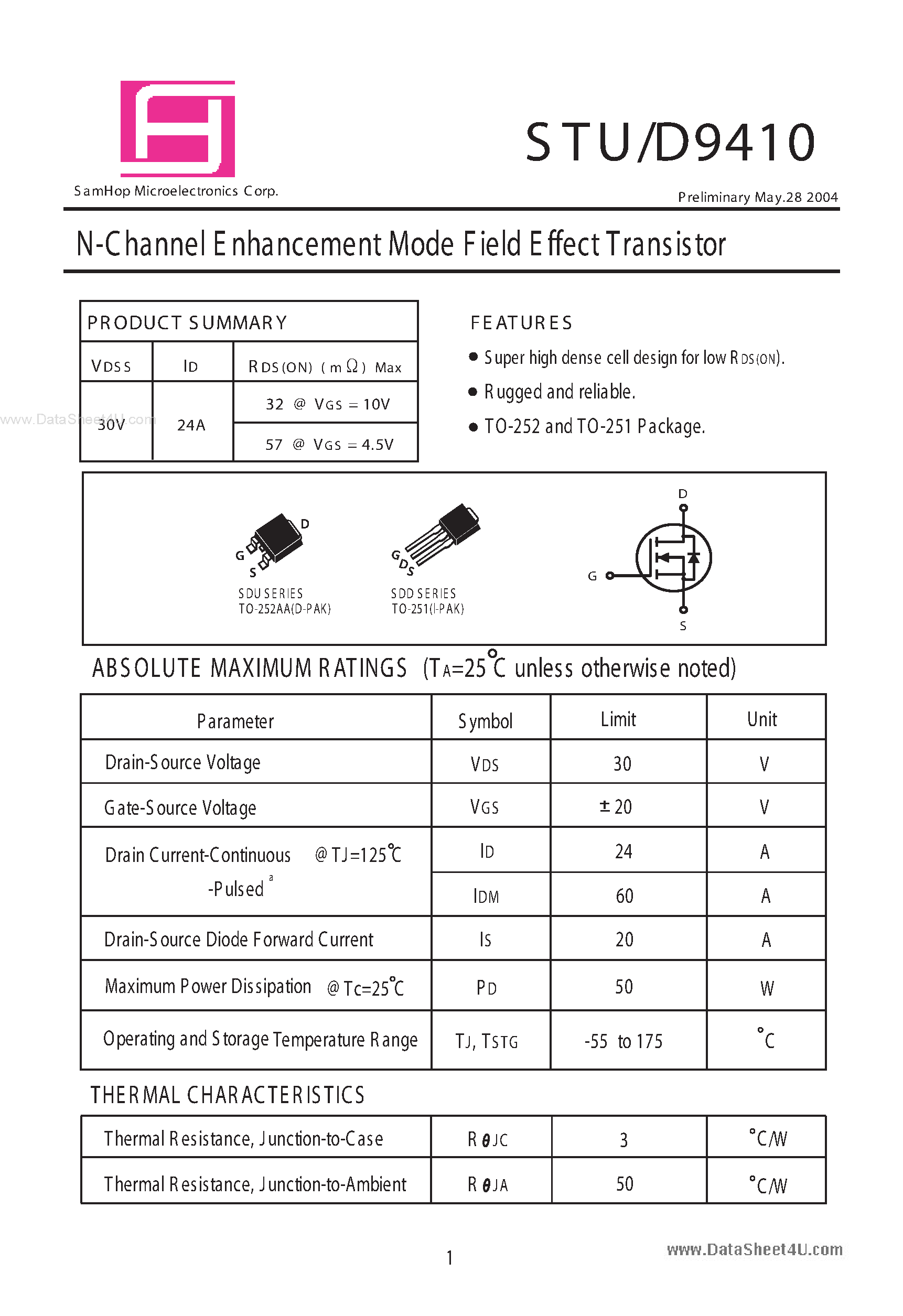Datasheet STD9410 - N-Channel Enhancement Mode Field Effect Transistor page 1