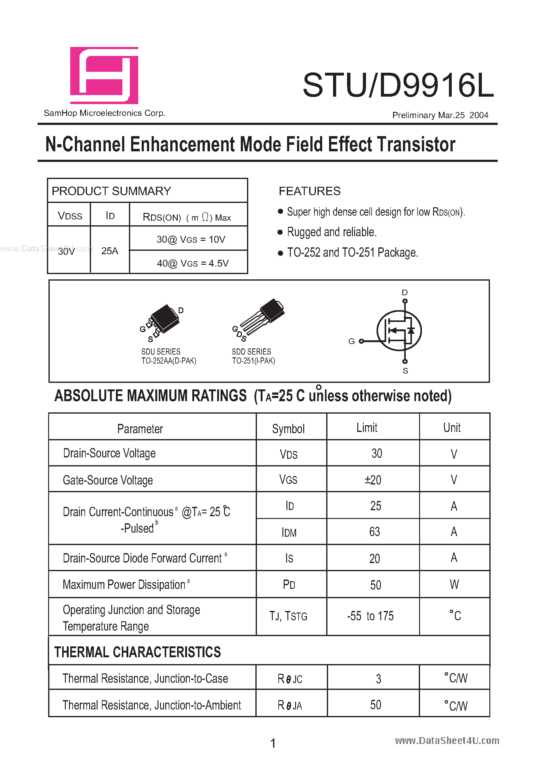Datasheet STD9916L page 1 Datasheet STD9916L - N-Channel Enhancement Mode Field Effect Transistor page 1