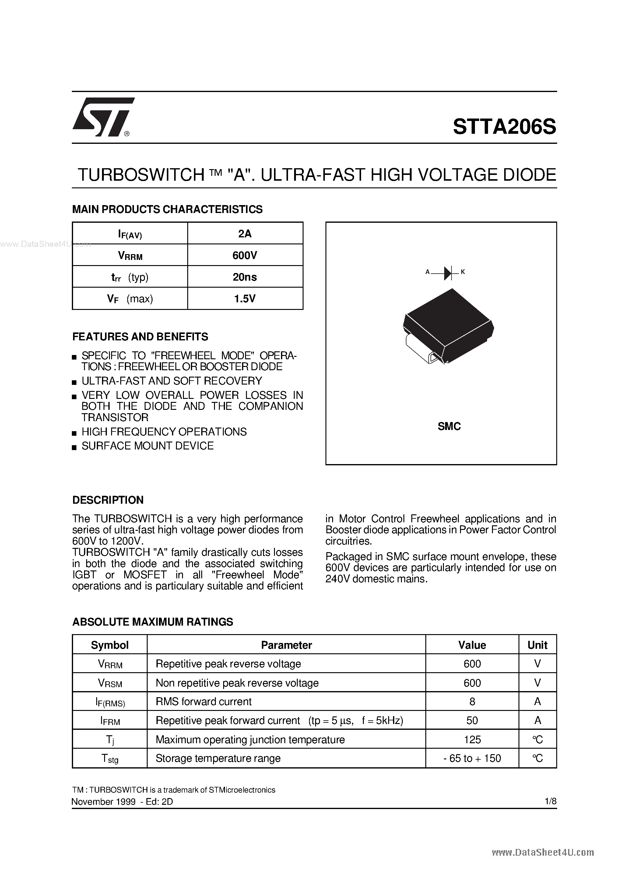 Datasheet STTA206S - A ULTRA-FAST HIGH VOLTAGE DIODE page 1